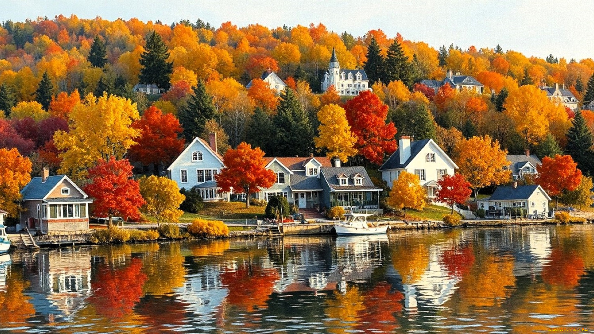 рисованное, города, горы, лес, деревья, осень, дома, поселок, озеро, лодки