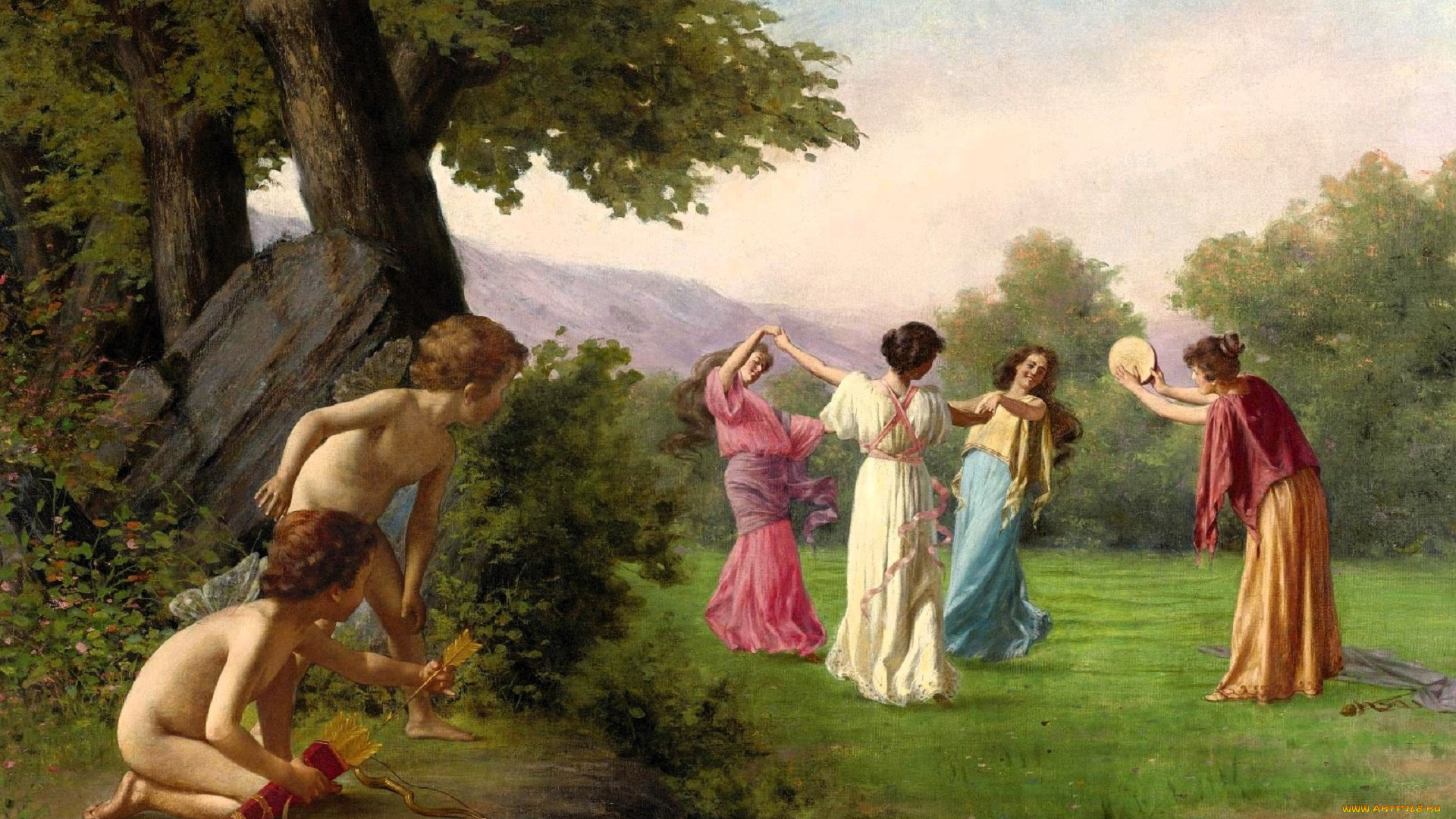 рисованное, vittorio, reggianini, купидоны, деревья, девушки, поляна