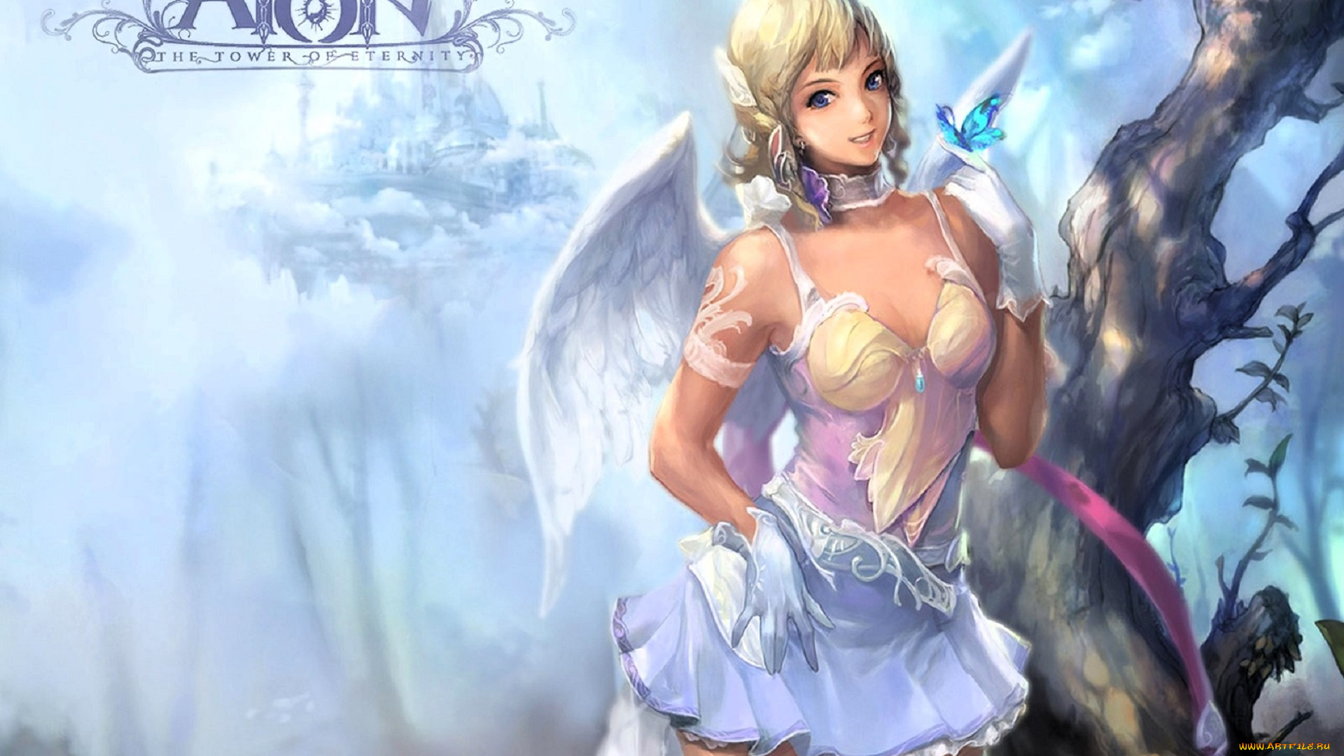 видео, игры, aion, , the, tower, of, eternity, девушка, ангел, крылья, перчатки, платье, бабочка, дерево