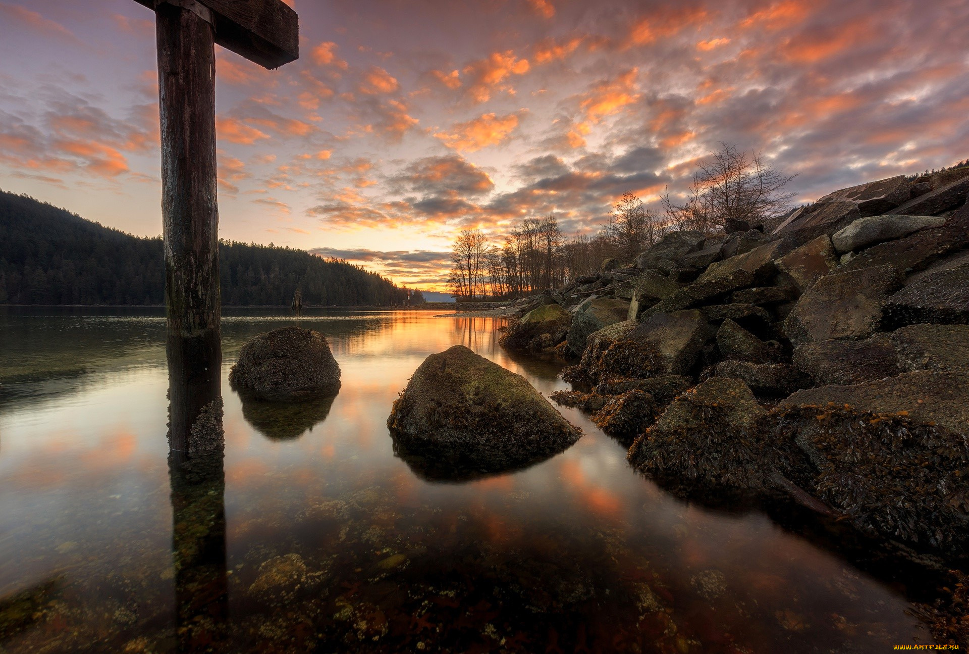 природа, реки, озера, небо, облака, закат, река, горы, лес, камни