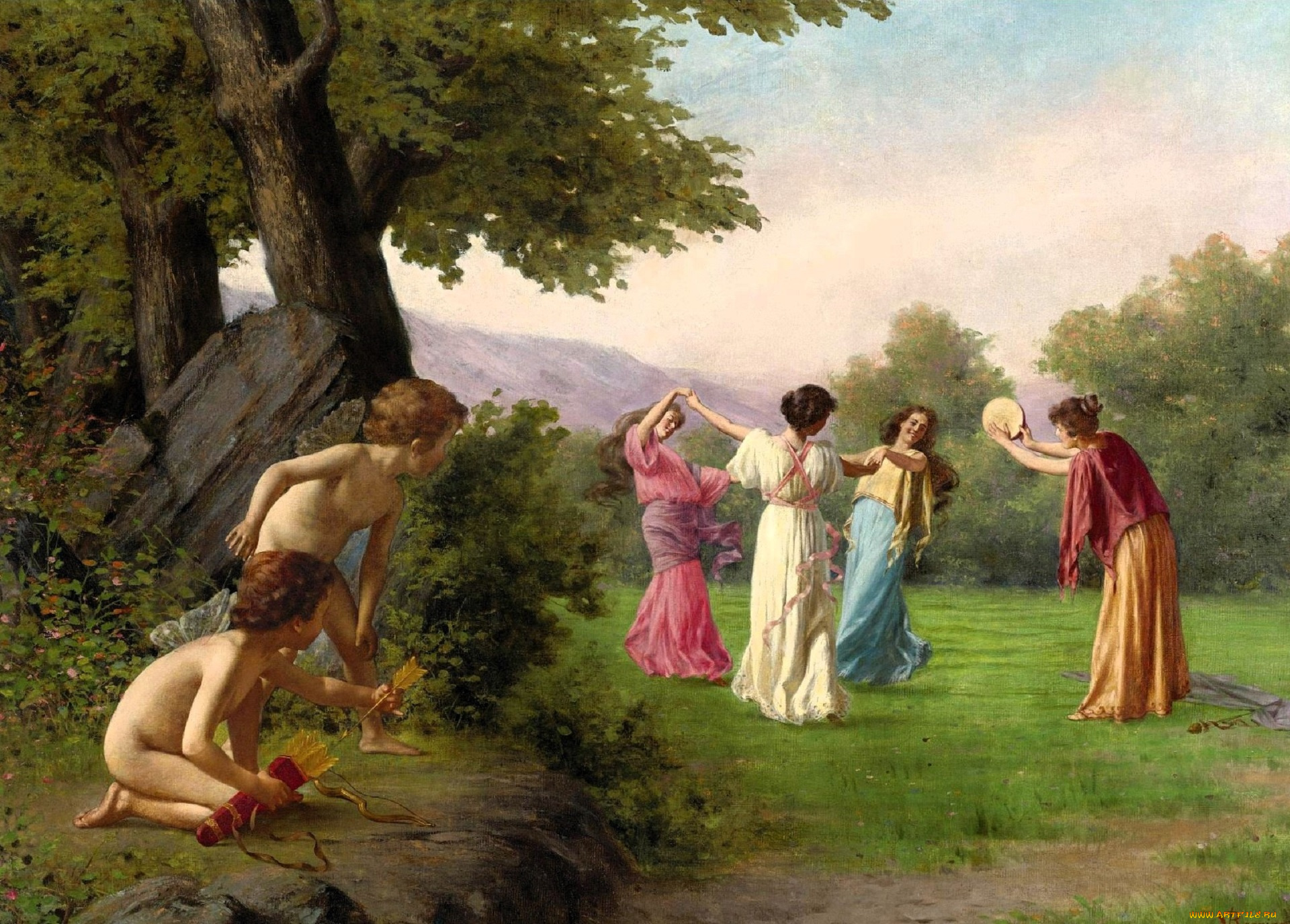 рисованное, vittorio, reggianini, купидоны, деревья, девушки, поляна