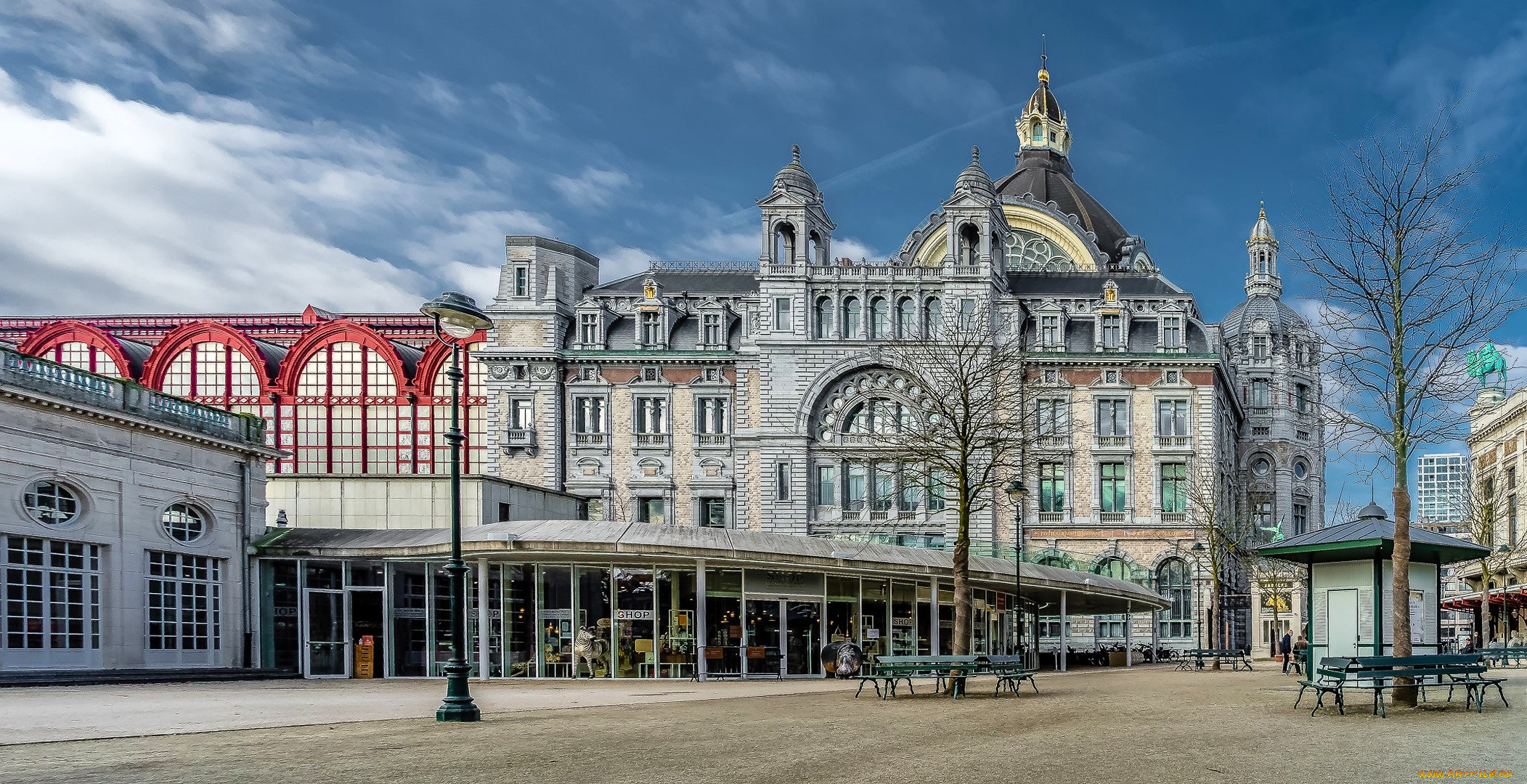 города, антверпен, , бельгия, здание, кафе, вокзал, площадь, фонари, деревья, скамейки