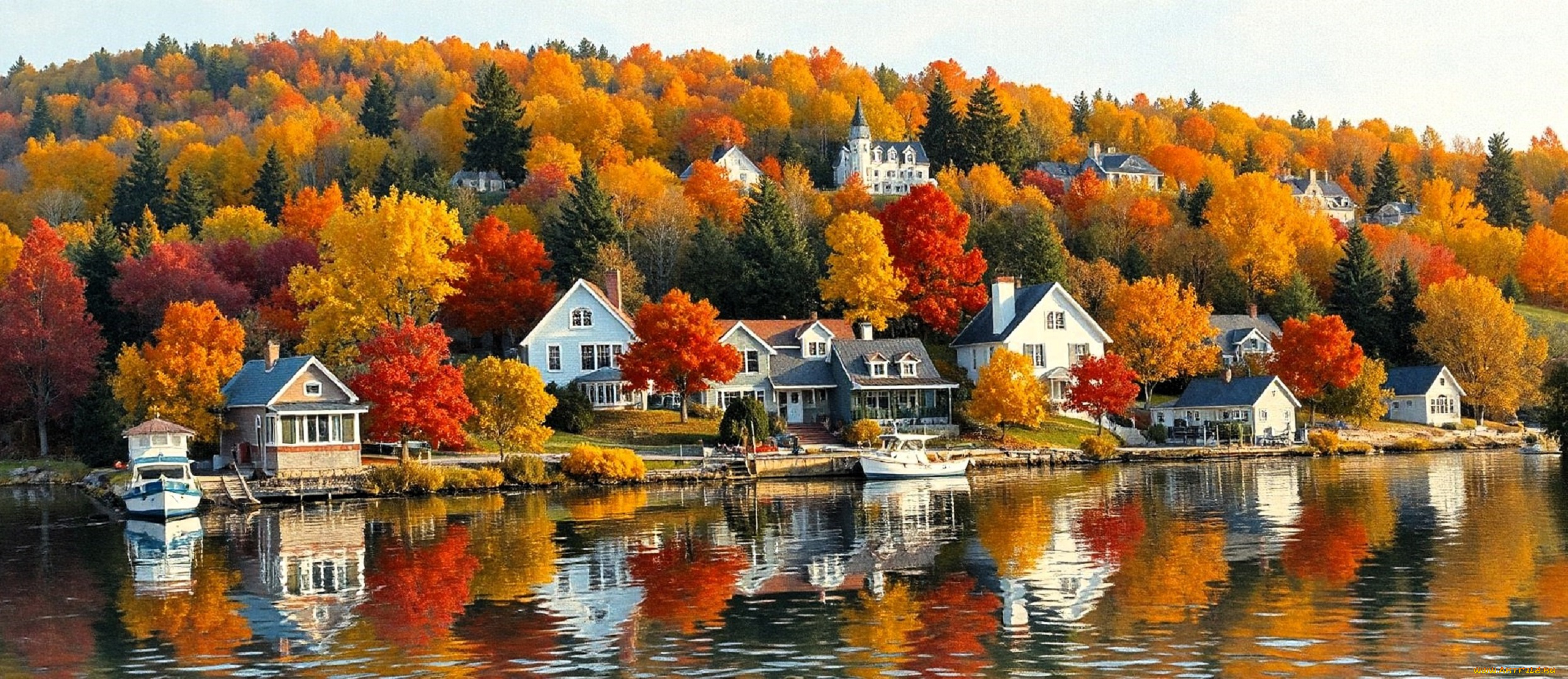 рисованное, города, горы, лес, деревья, осень, дома, поселок, озеро, лодки