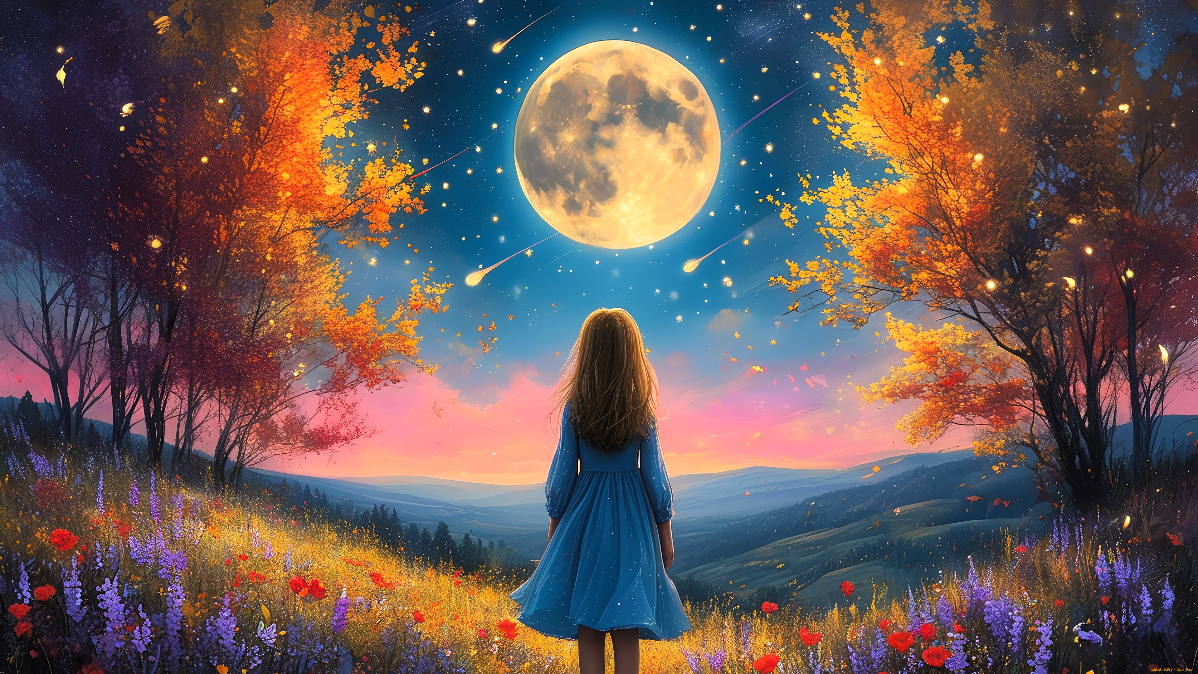 рисованное, дети, девочка, платье, луна, звездопад, деревья, холмы, луга, цветы, трава