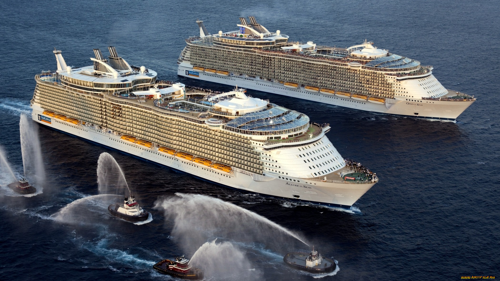 корабли, разные, вместе, лайнер, море, лодки, фонтаны