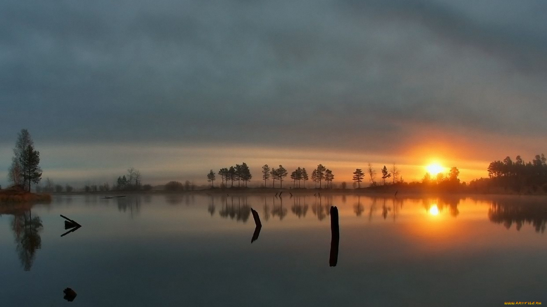 природа, восходы, закаты, деревья, озеро