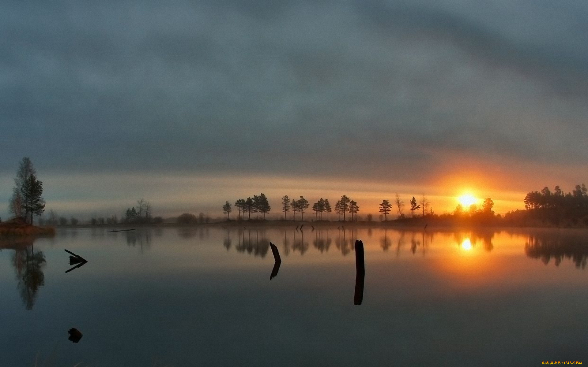 природа, восходы, закаты, деревья, озеро