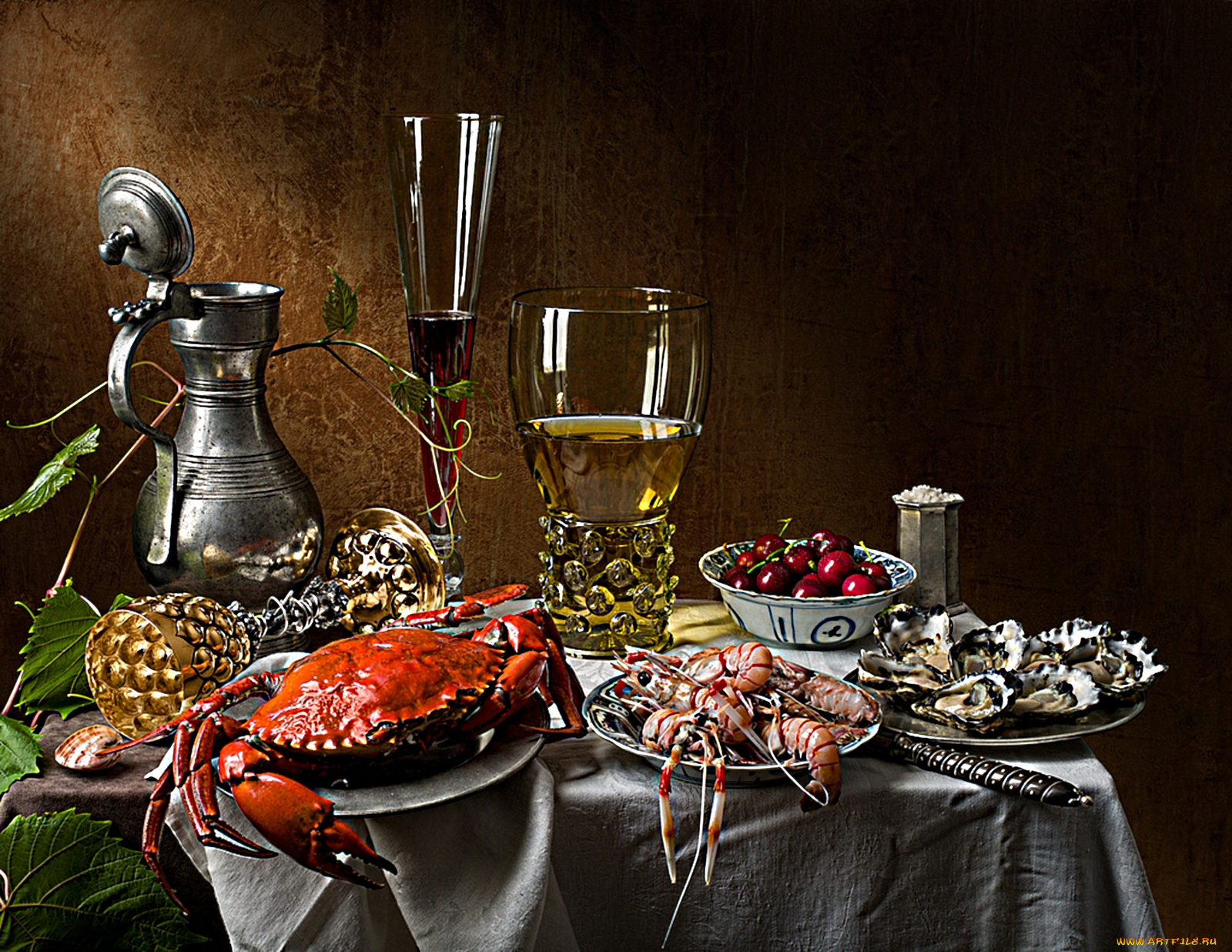 еда, натюрморт, бокалы, вино, краб, креветки, моллюски, вишни