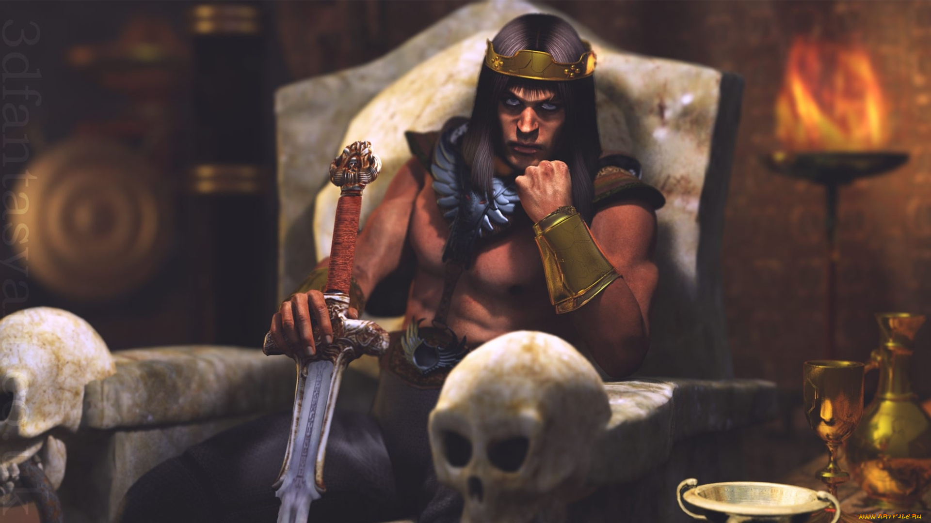 3д, графика, fantasy, фантазия, мужчина, череп, меч