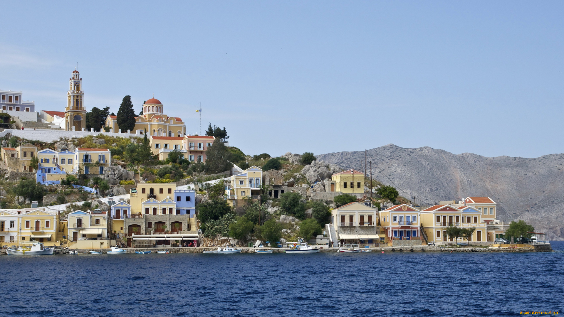 греция, ano, symi, города, панорамы, берег, дома, море