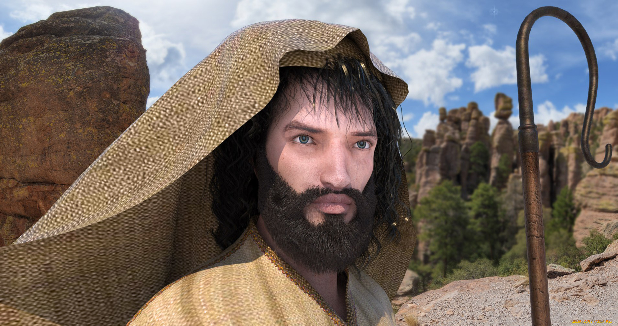 3д, графика, people, люди, человек, посох, накидка