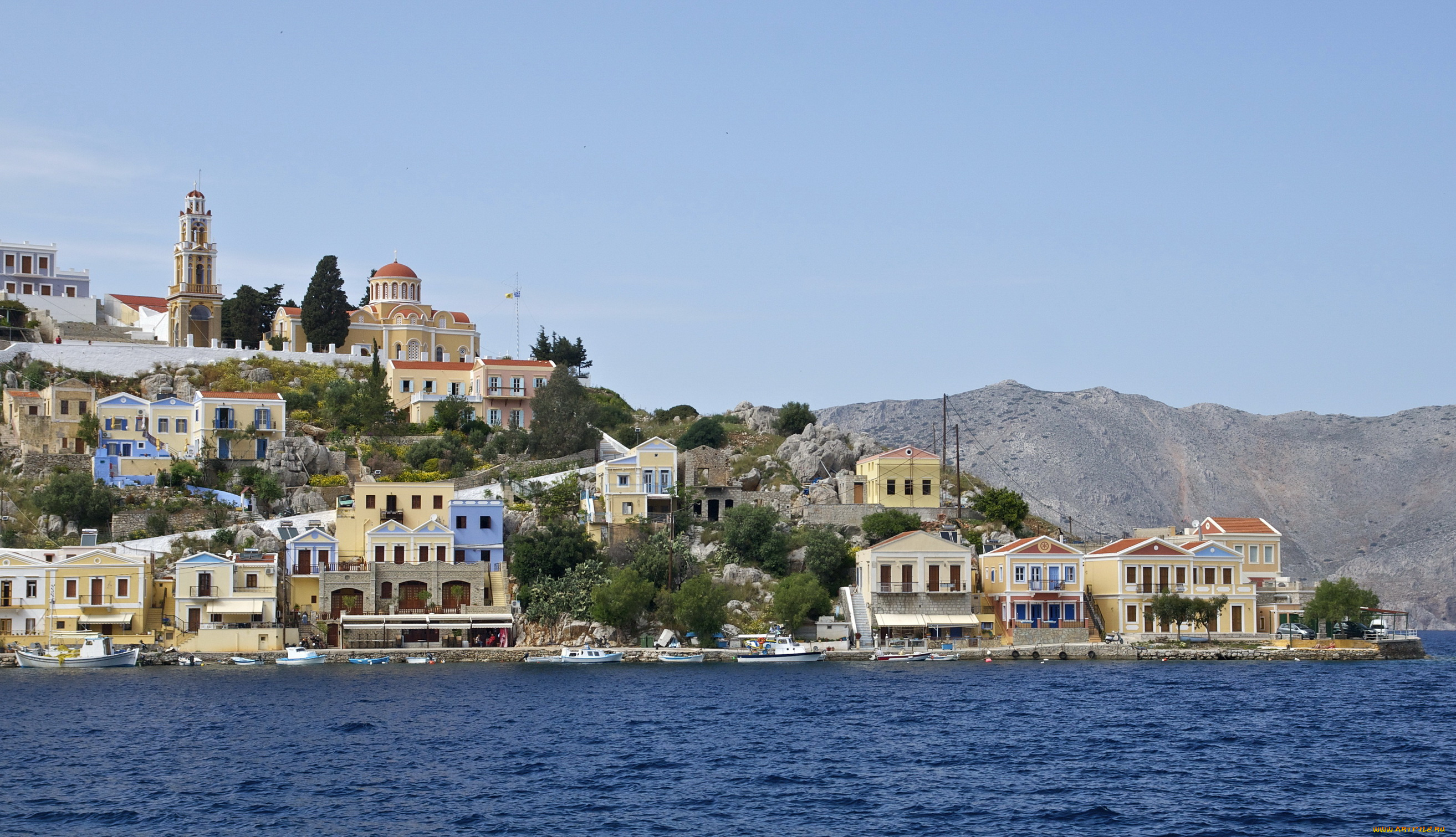 греция, ano, symi, города, панорамы, берег, дома, море