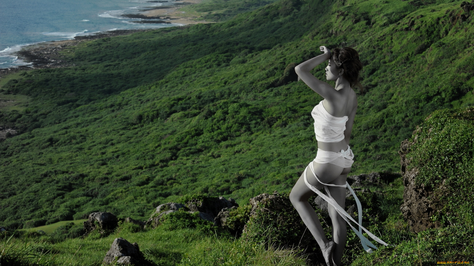 девушки, -unsort, , азиатки, побережье, бинты, море, азиатка