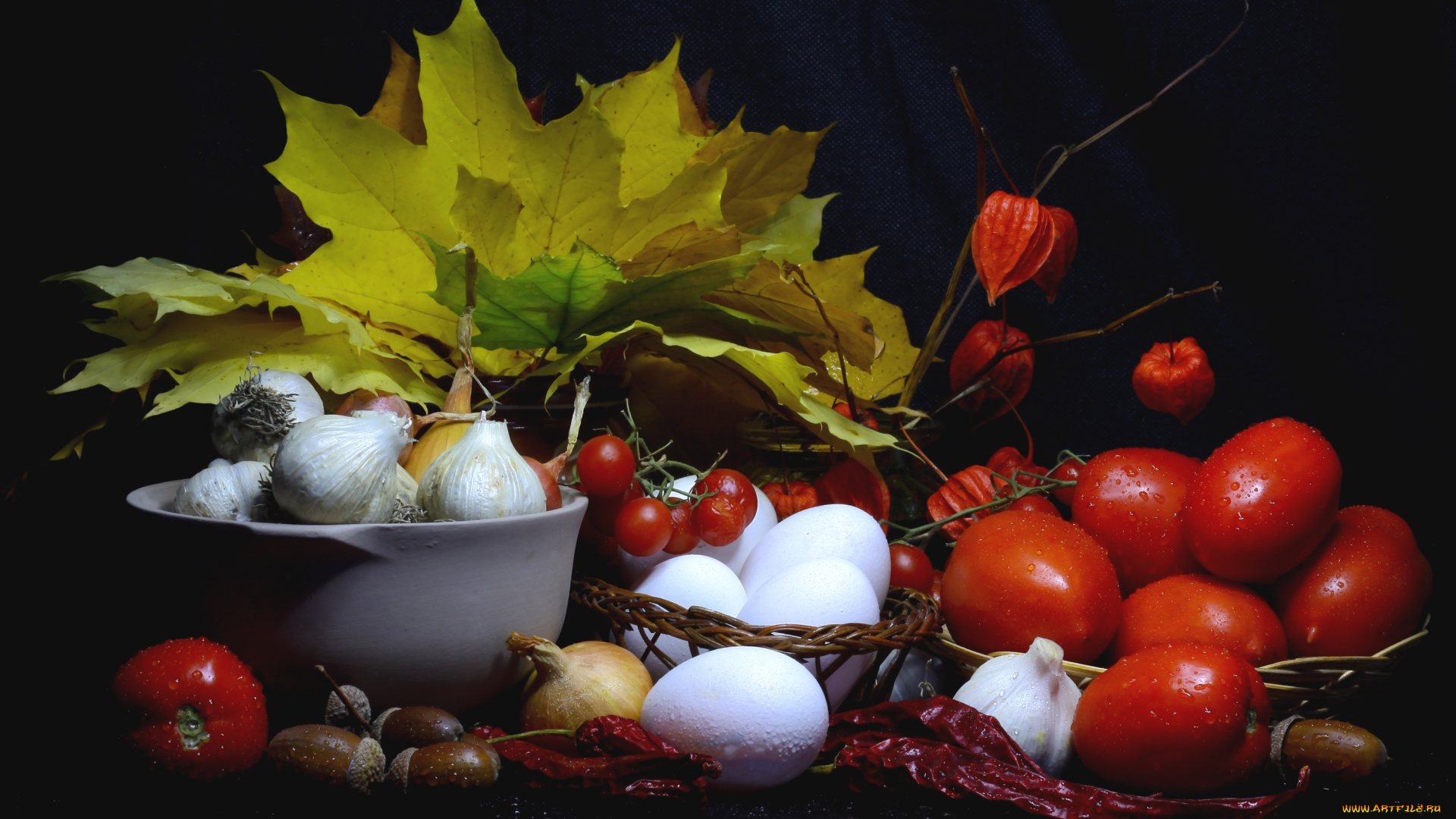 еда, натюрморт, чеснок, лук, помидоры