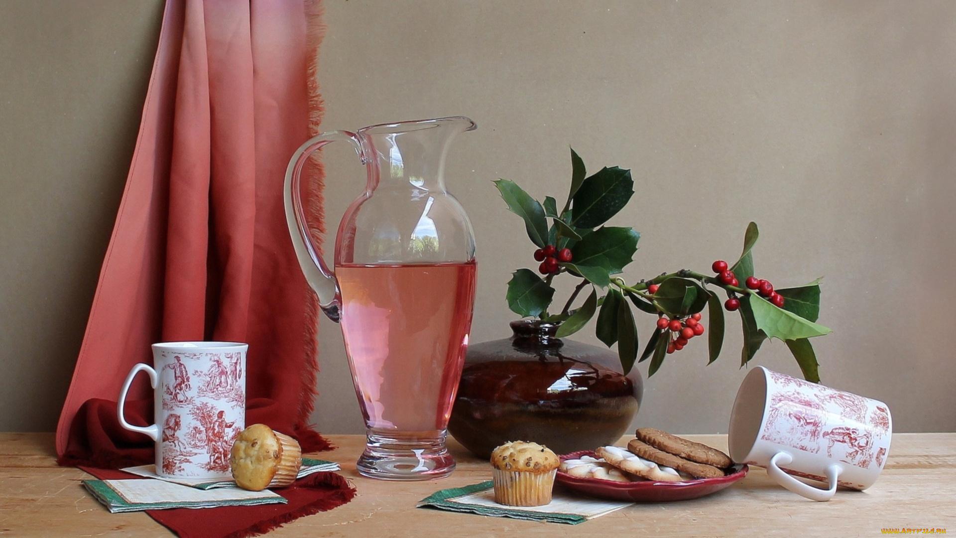 еда, натюрморт, кексы, кувшин, печенье, чашки