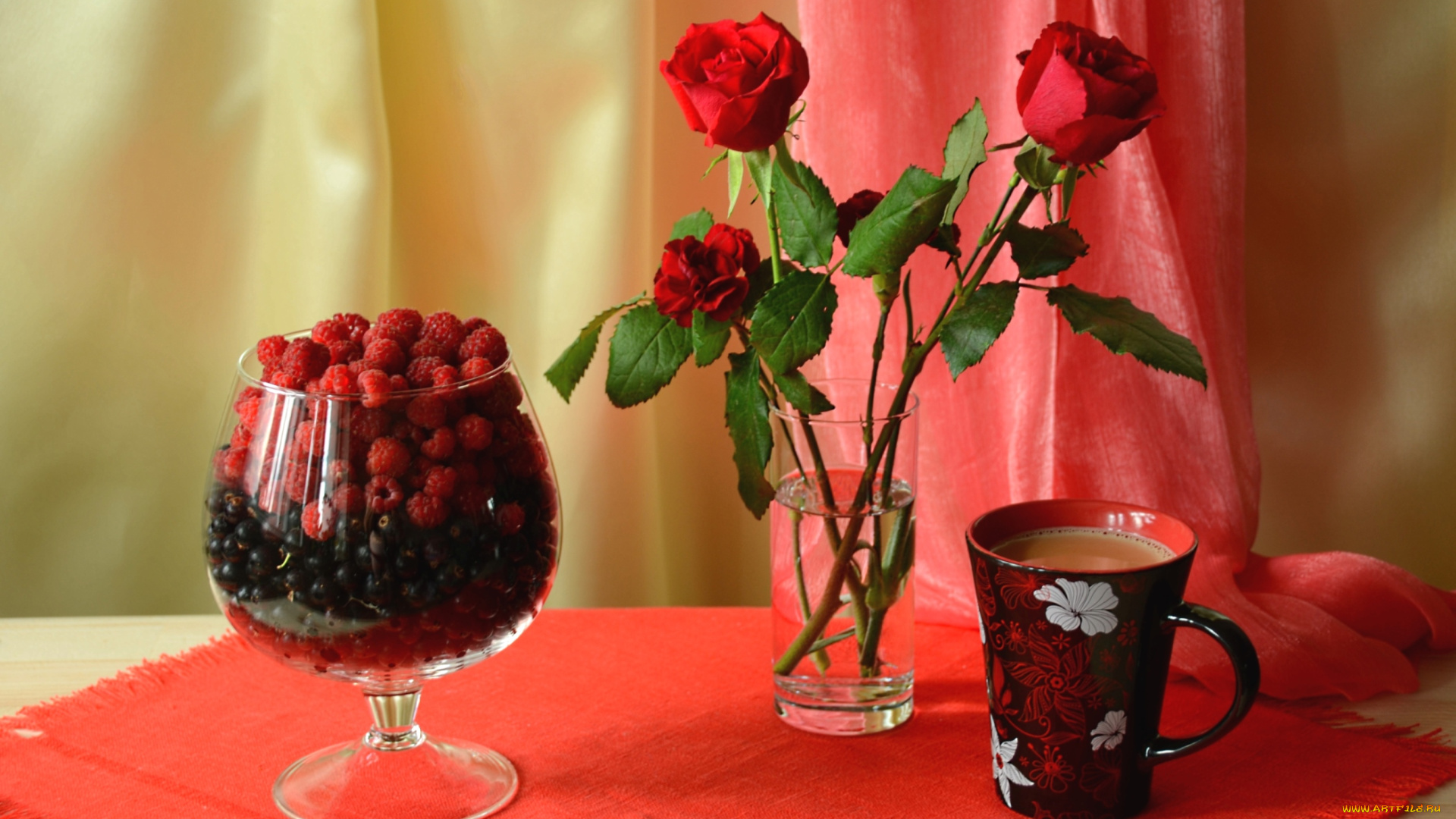еда, разное, малина, розы, кофе, смородина