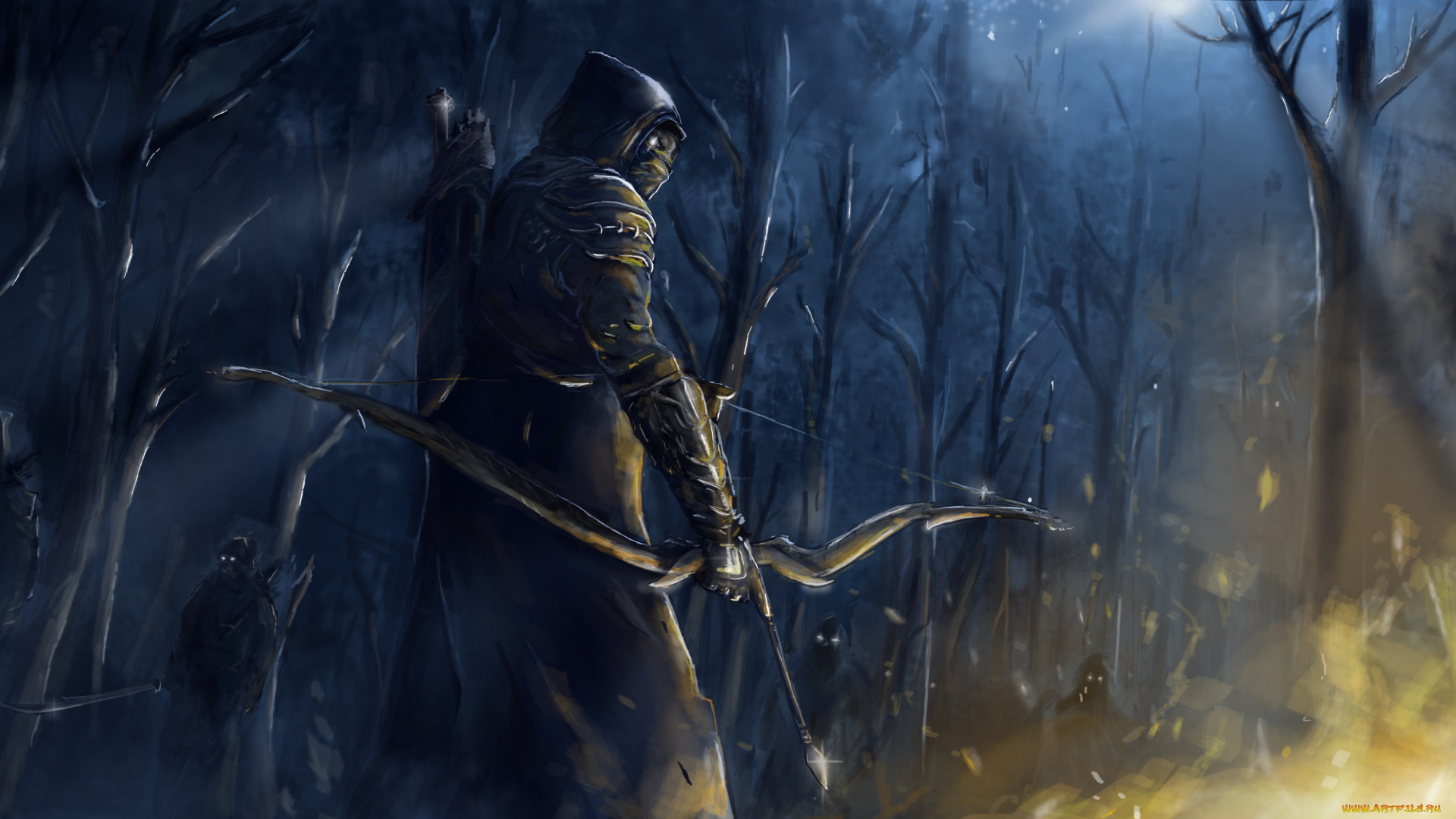 фэнтези, люди, лес, ночь, костер, деревья, лучник