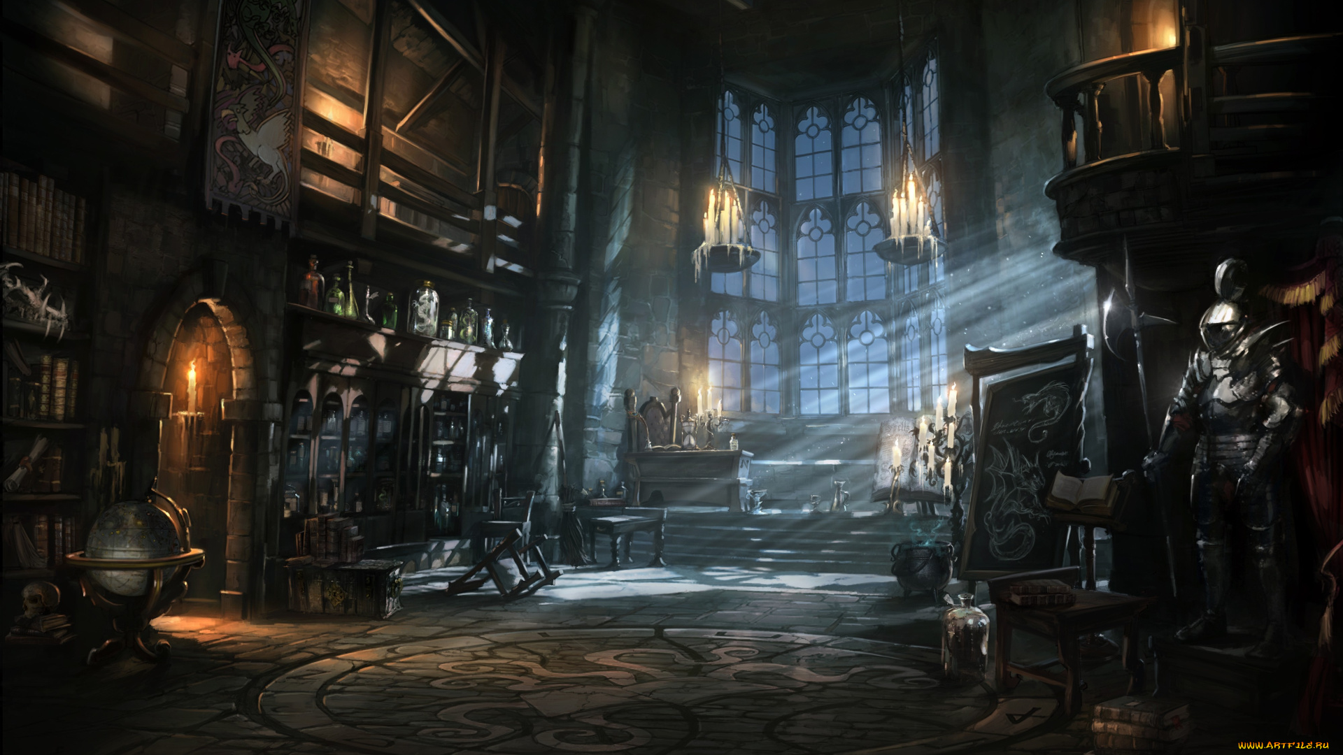 фэнтези, замки, комната, библиотека, доспехи, глобус