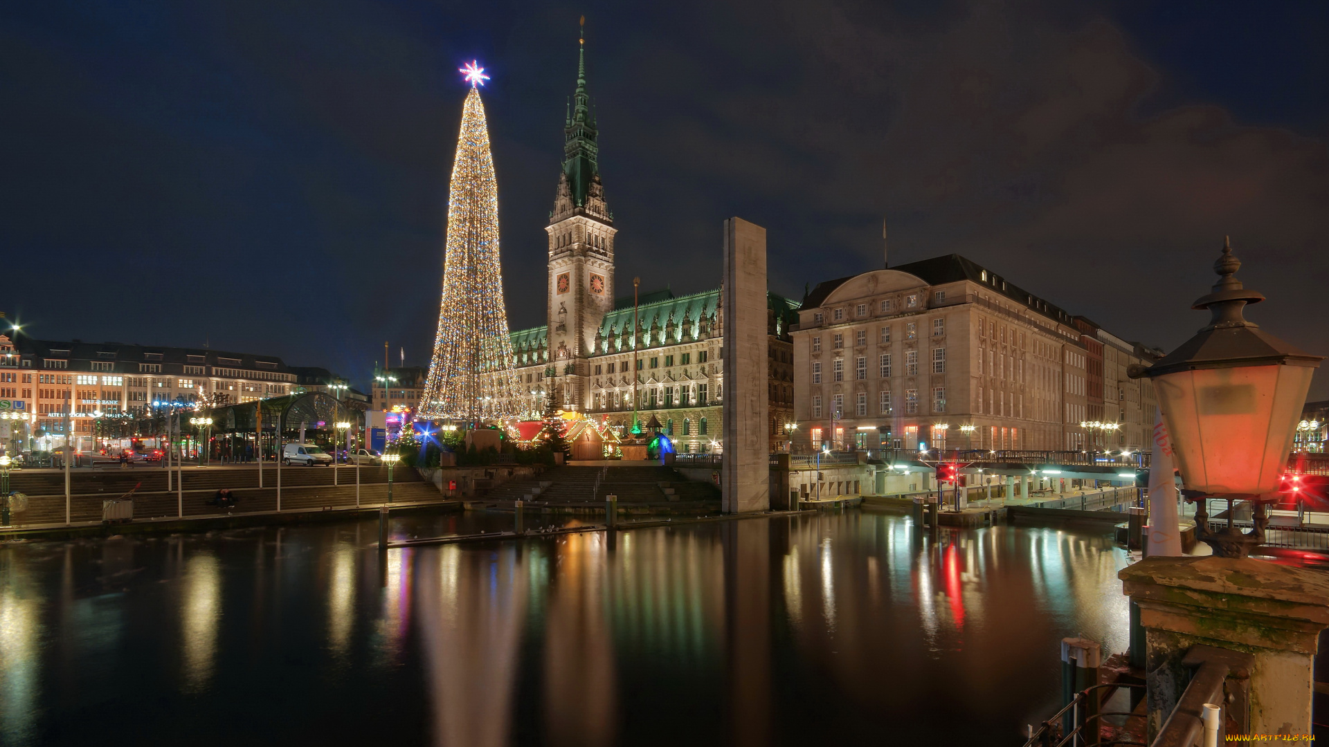 hamburg, города, -, огни, ночного, города, дома, река, ночь, елка, огни