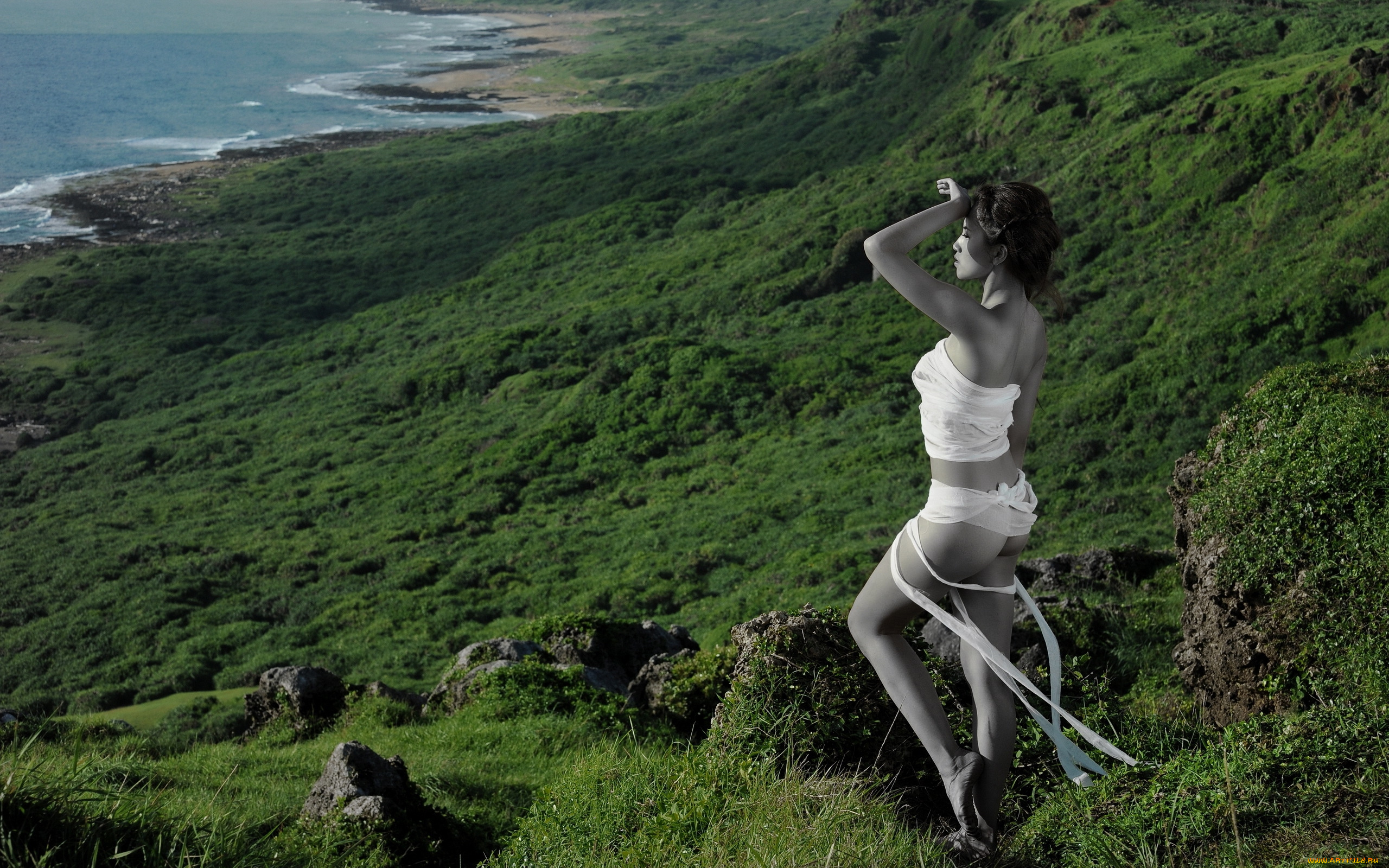 девушки, -unsort, , азиатки, побережье, бинты, море, азиатка