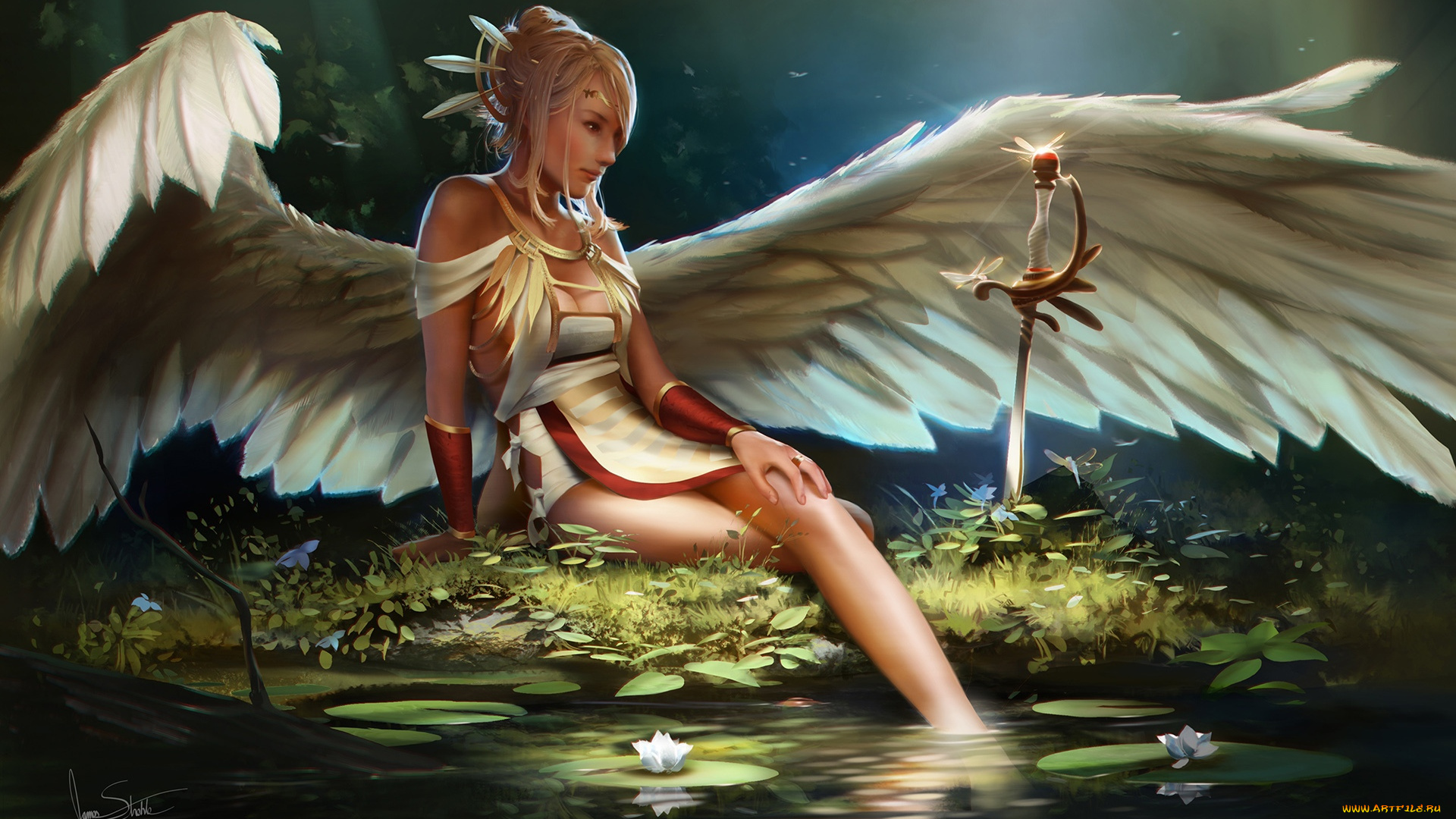фэнтези, ангелы, девушка, пруд, сабля, ангел, крылья