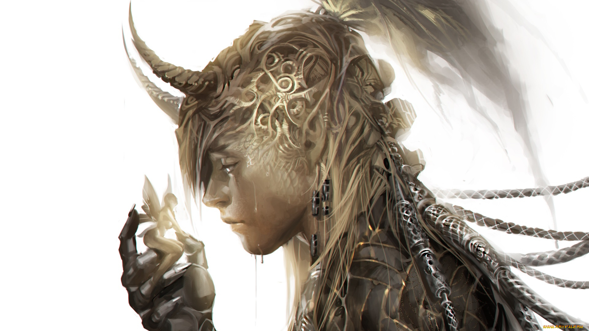 фэнтези, существа, арт, парень, хвост, рога, фея, фон, белый, фантастика