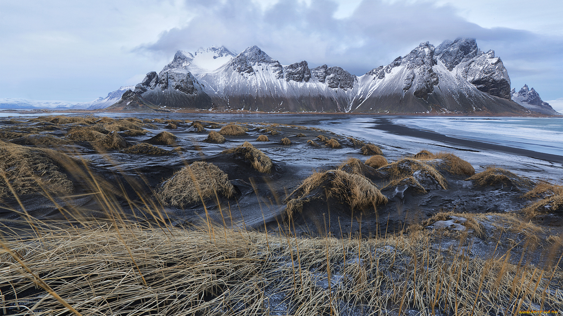 природа, побережье, горы, снег, залив