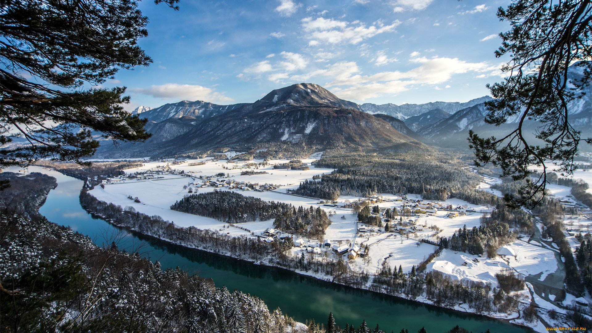 природа, реки, озера, горы, зима, река, снег, долина, деревья, пейзаж