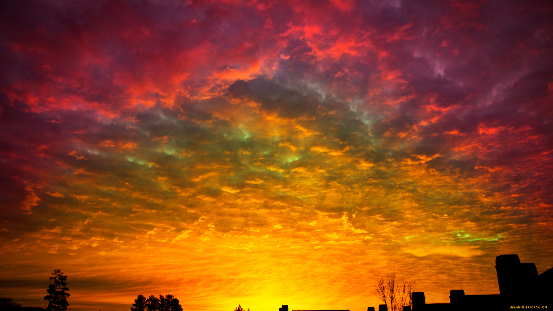 природа, восходы, закаты, деревья, силуэт, зарево, облака, крыша, небо, дом