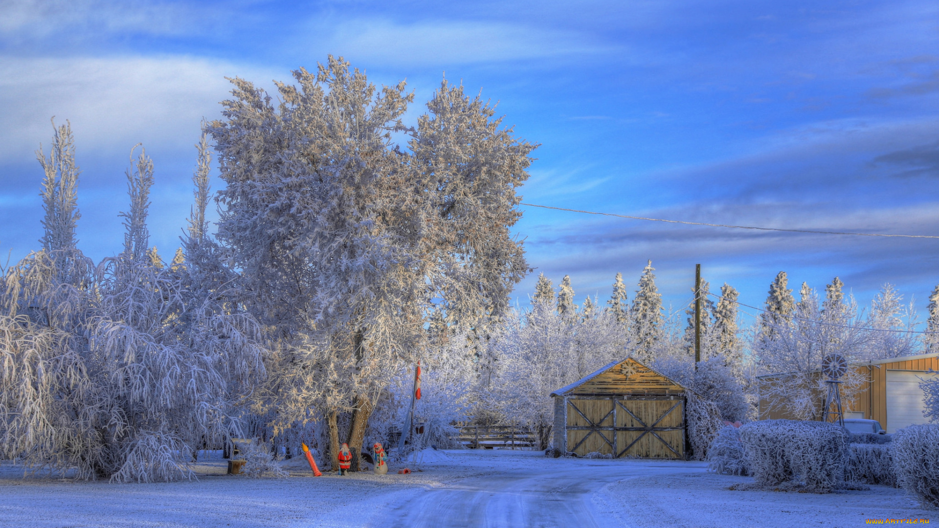 природа, зима, дом, иней, мороз, небо, снег
