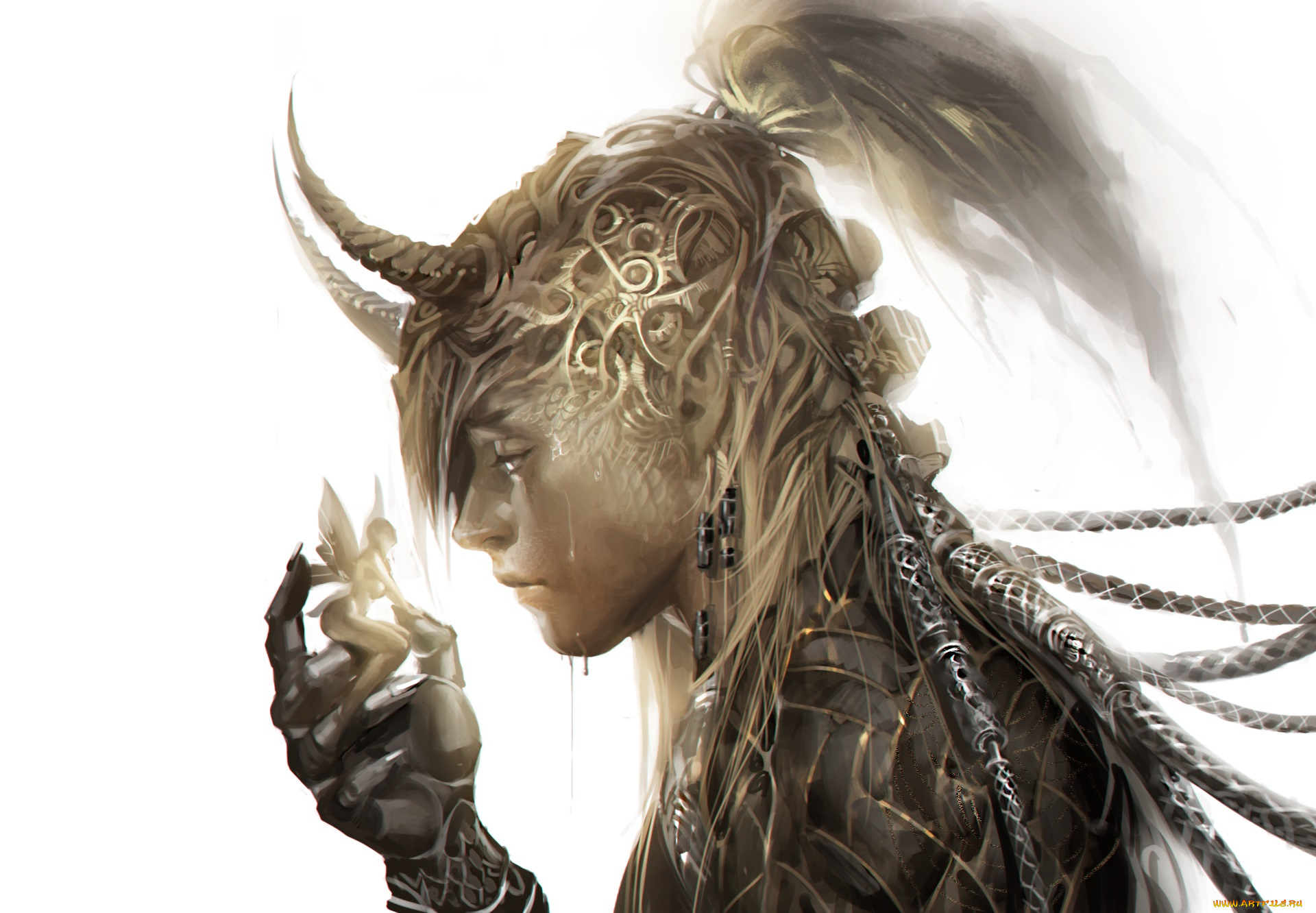 фэнтези, существа, арт, парень, хвост, рога, фея, фон, белый, фантастика