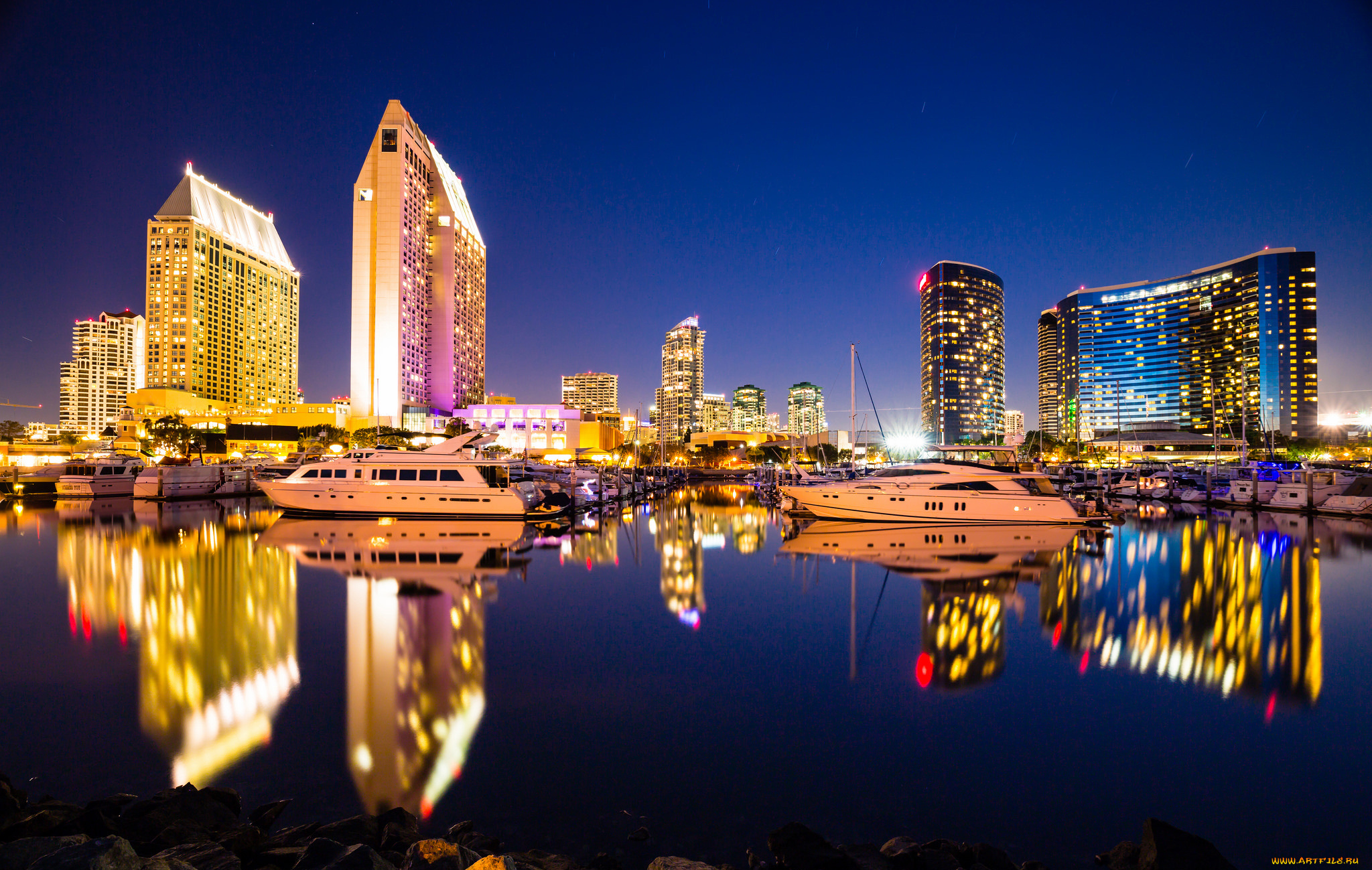 корабли, Яхты, катера, дома, отражение, ночь, яхты, гавань, огни