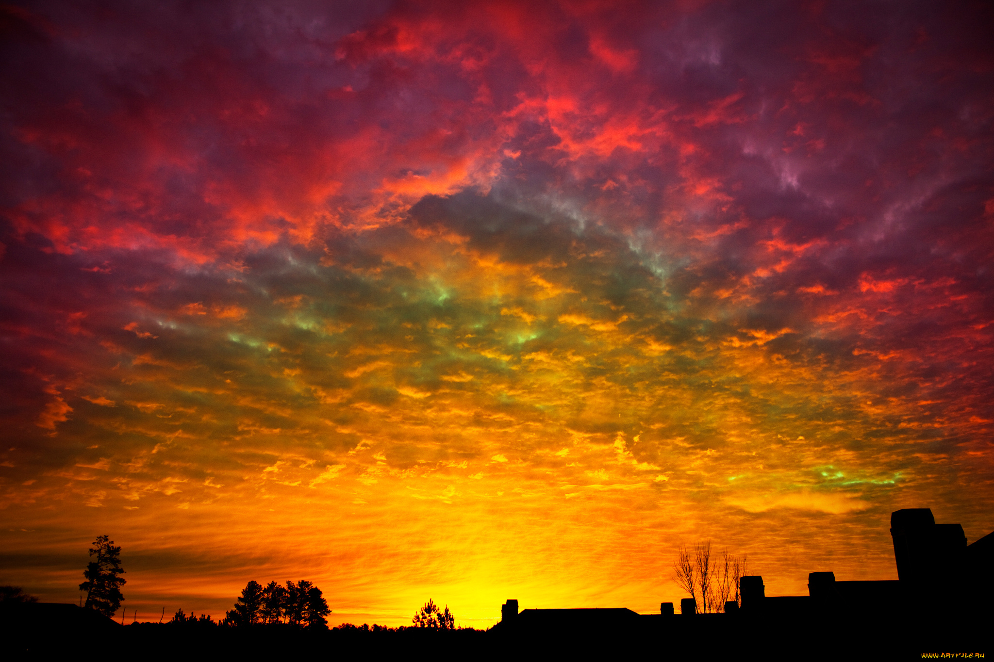 природа, восходы, закаты, деревья, силуэт, зарево, облака, крыша, небо, дом