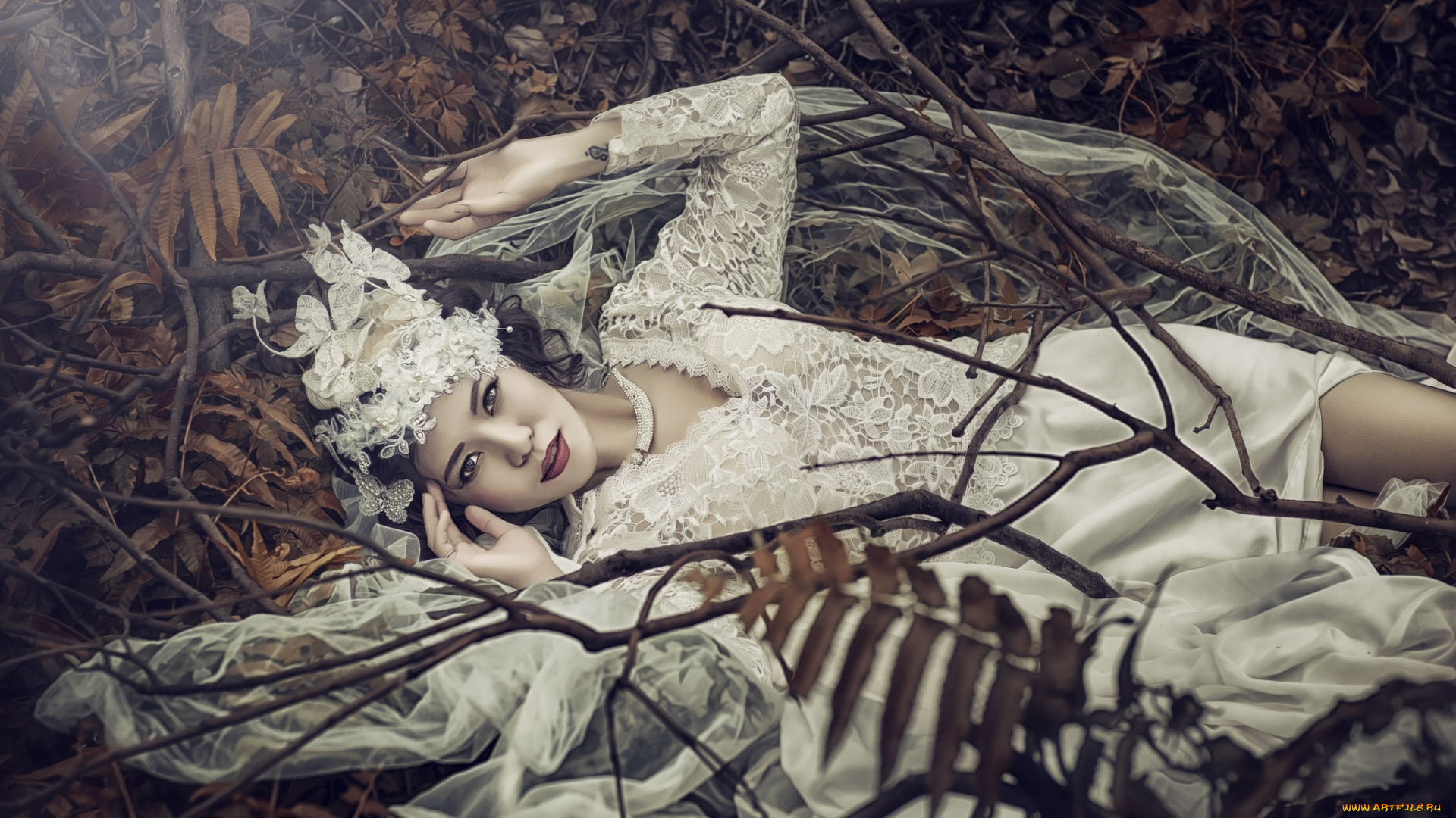 девушки, -unsort, , азиатки, свадебное, платье, невеста, азиатка, ситуация, ветки, листья