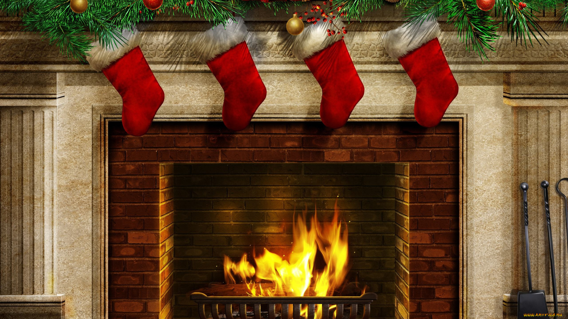 праздничные, 3д, графика, , новый, год, огонь, камин, украшение, шары, носки, ёлка