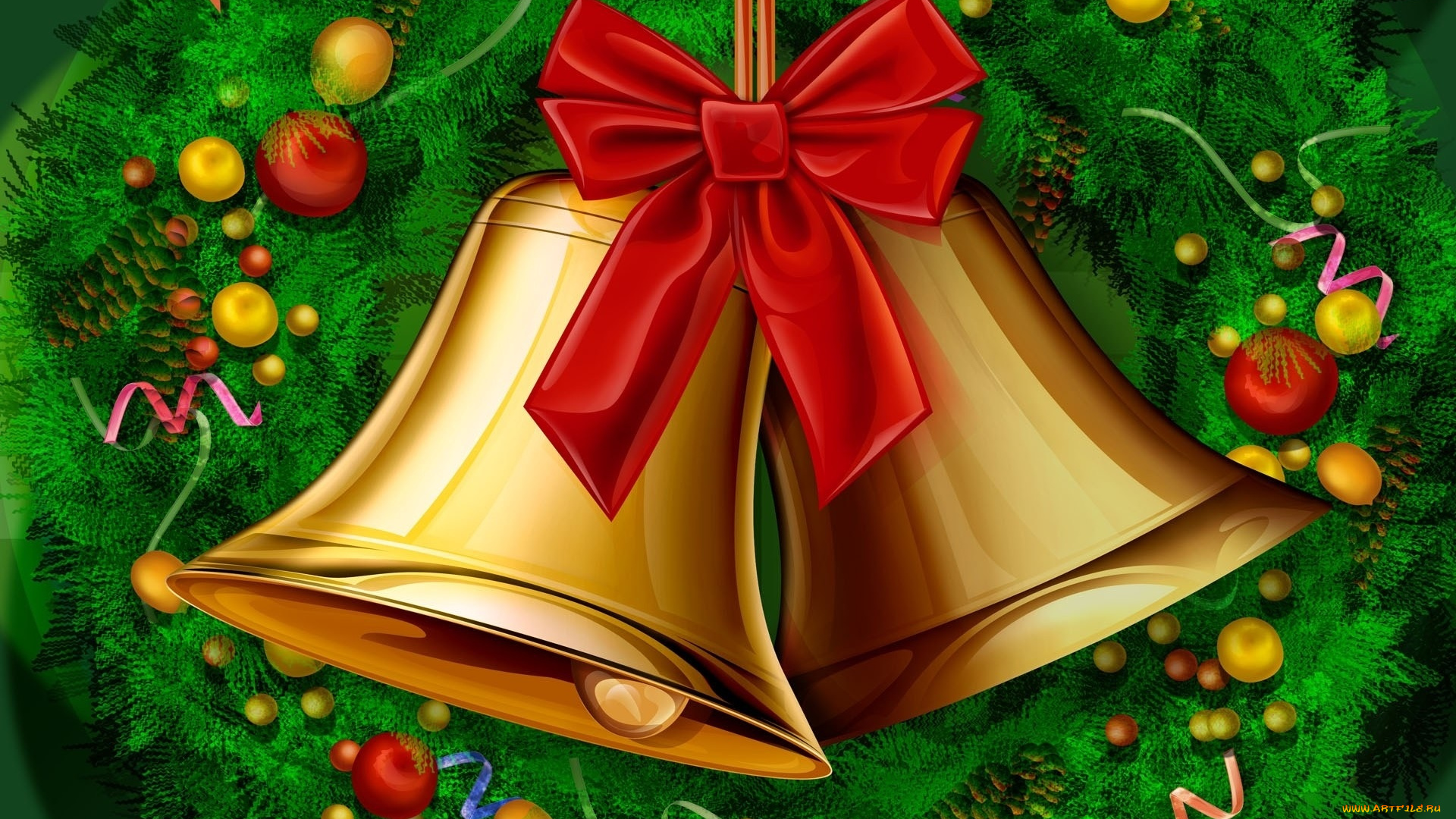 праздничные, рисованные, украшения, колокольчики, ёлка