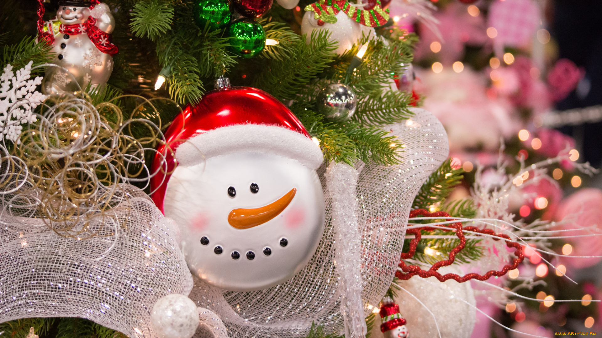 праздничные, украшения, мишура, игрушки, ёлка, снеговик
