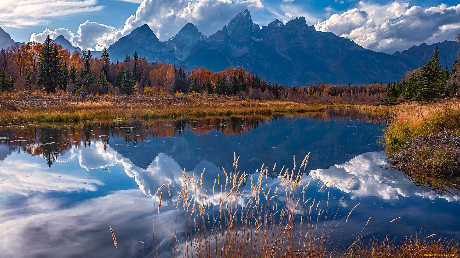 природа, реки, озера, горный, хребет, титон, осень, отражение, река, снейк, горы, вайоминг, гранд-титон, скалистые