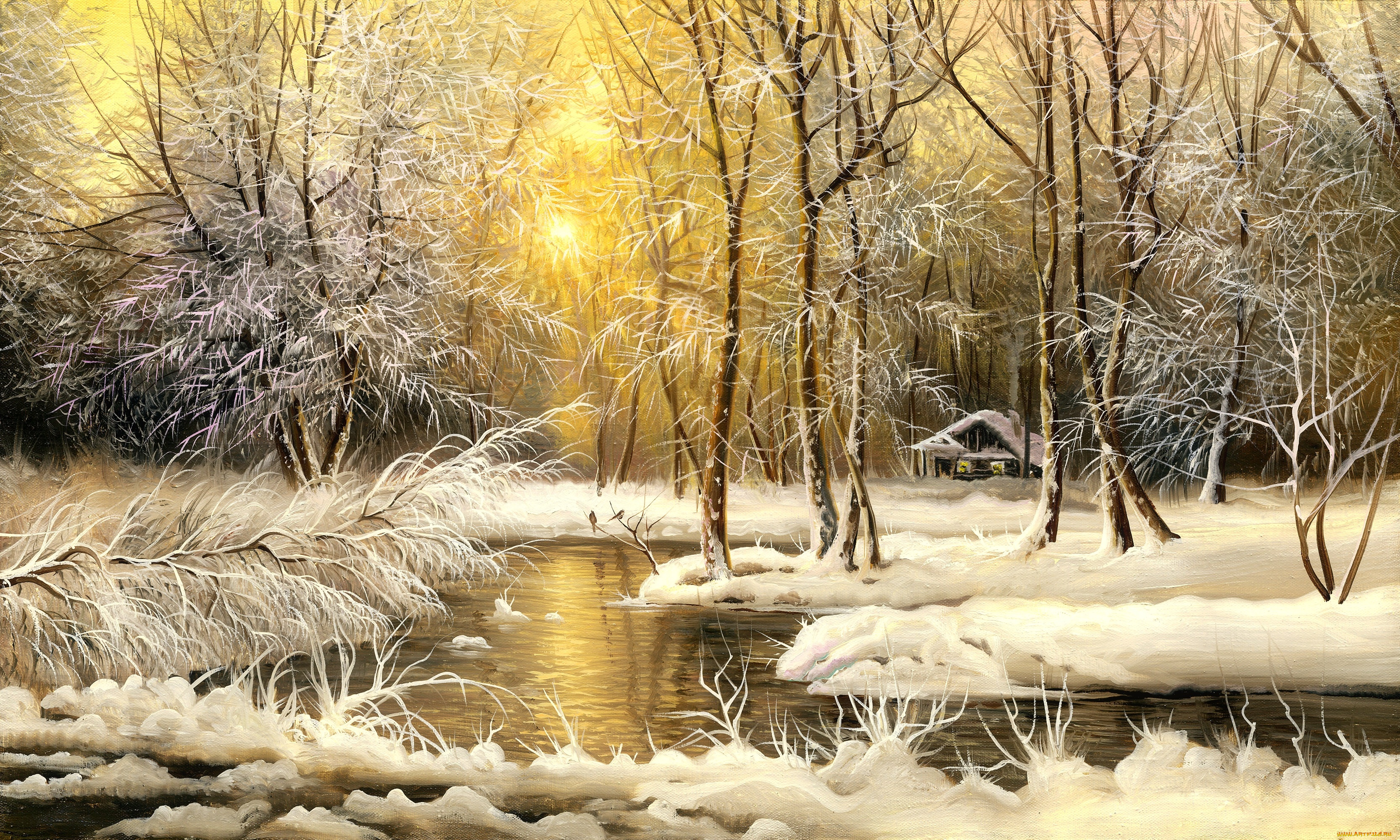 рисованное, природа, зима, река, лес