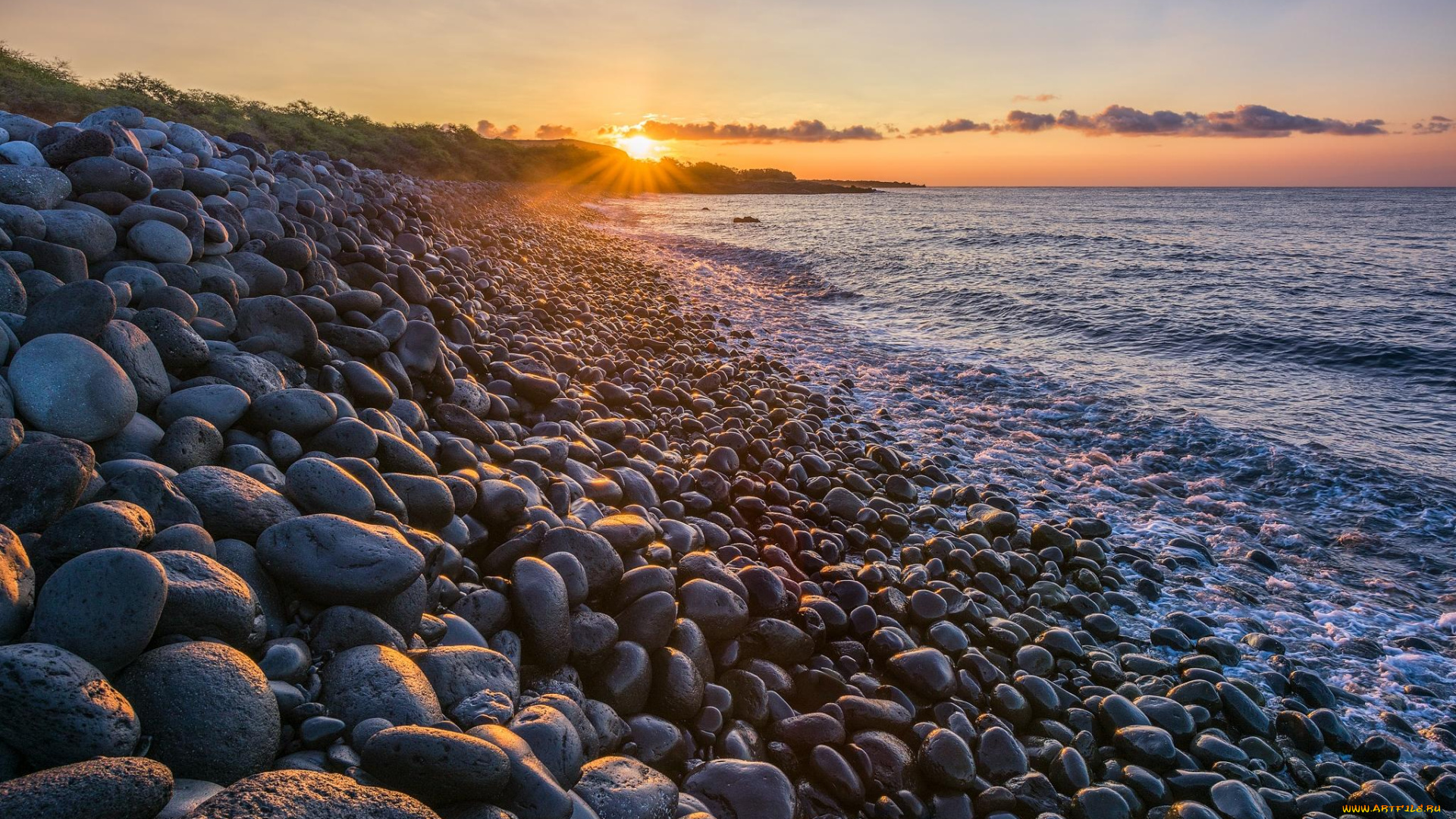 природа, побережье, закат, море, берег, камни, пляж