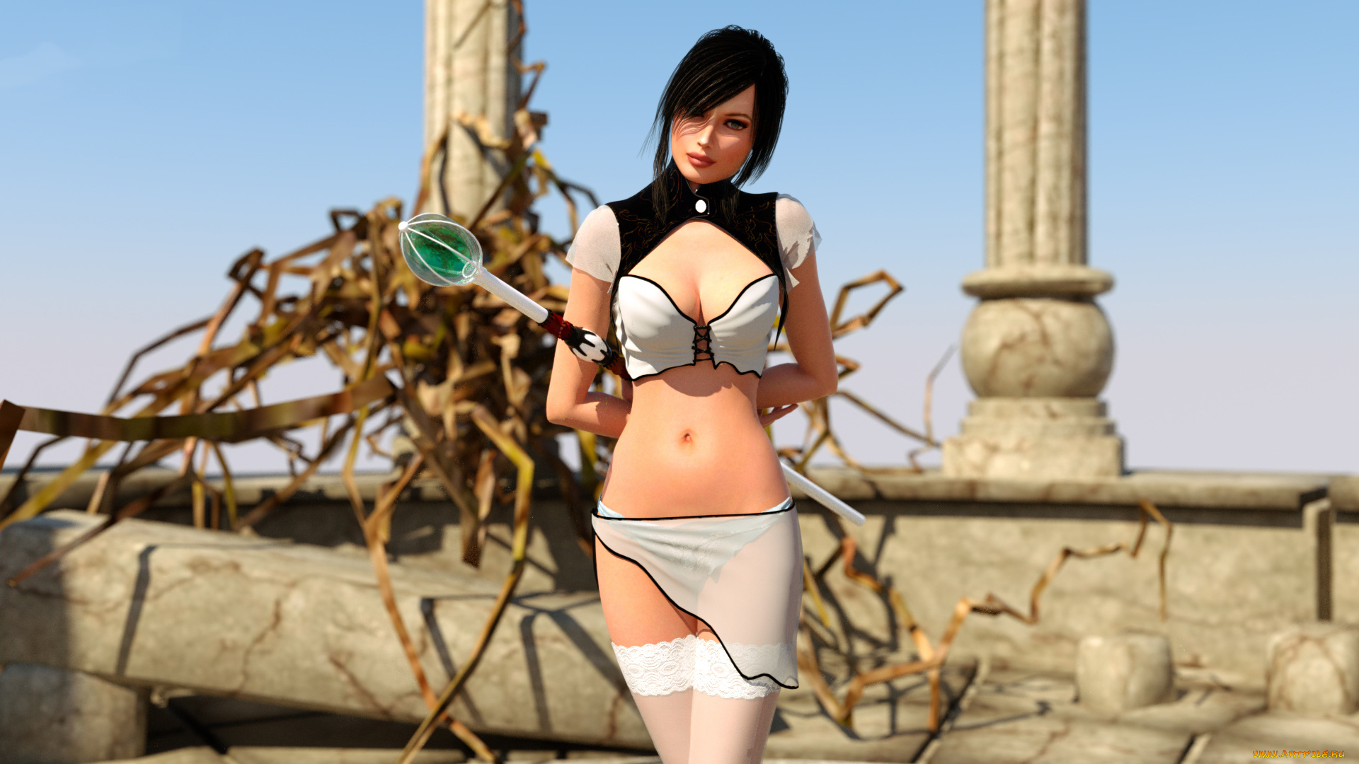 3д, графика, фантазия, , fantasy, девушка, посох, взгляд, фон