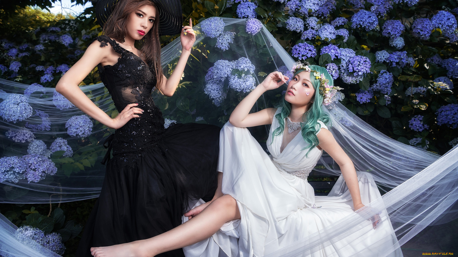 девушки, -unsort, , азиатки, взгляд, цветы, природа, поза