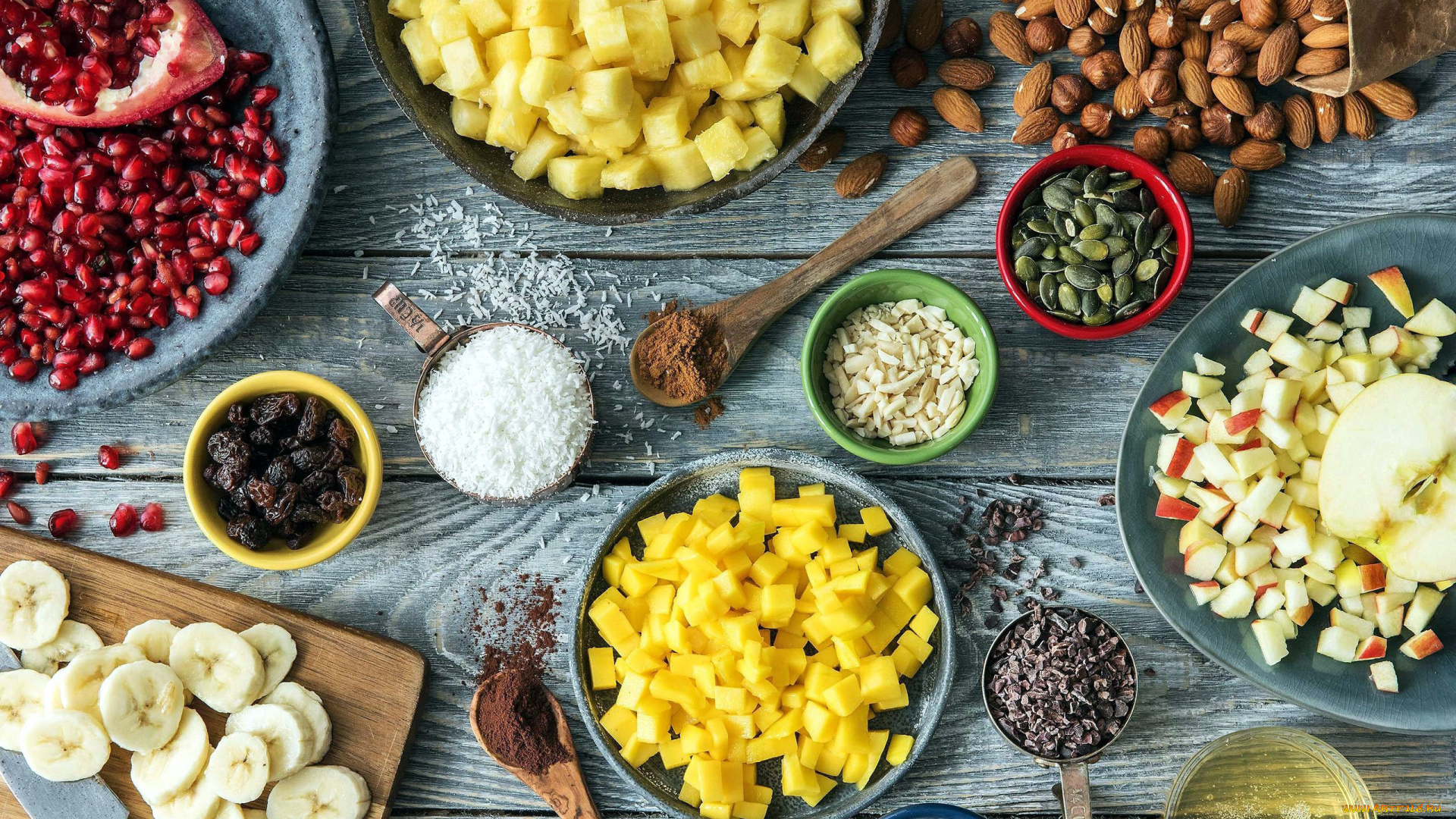 еда, разное, фрукты, рис, орехи, гранат