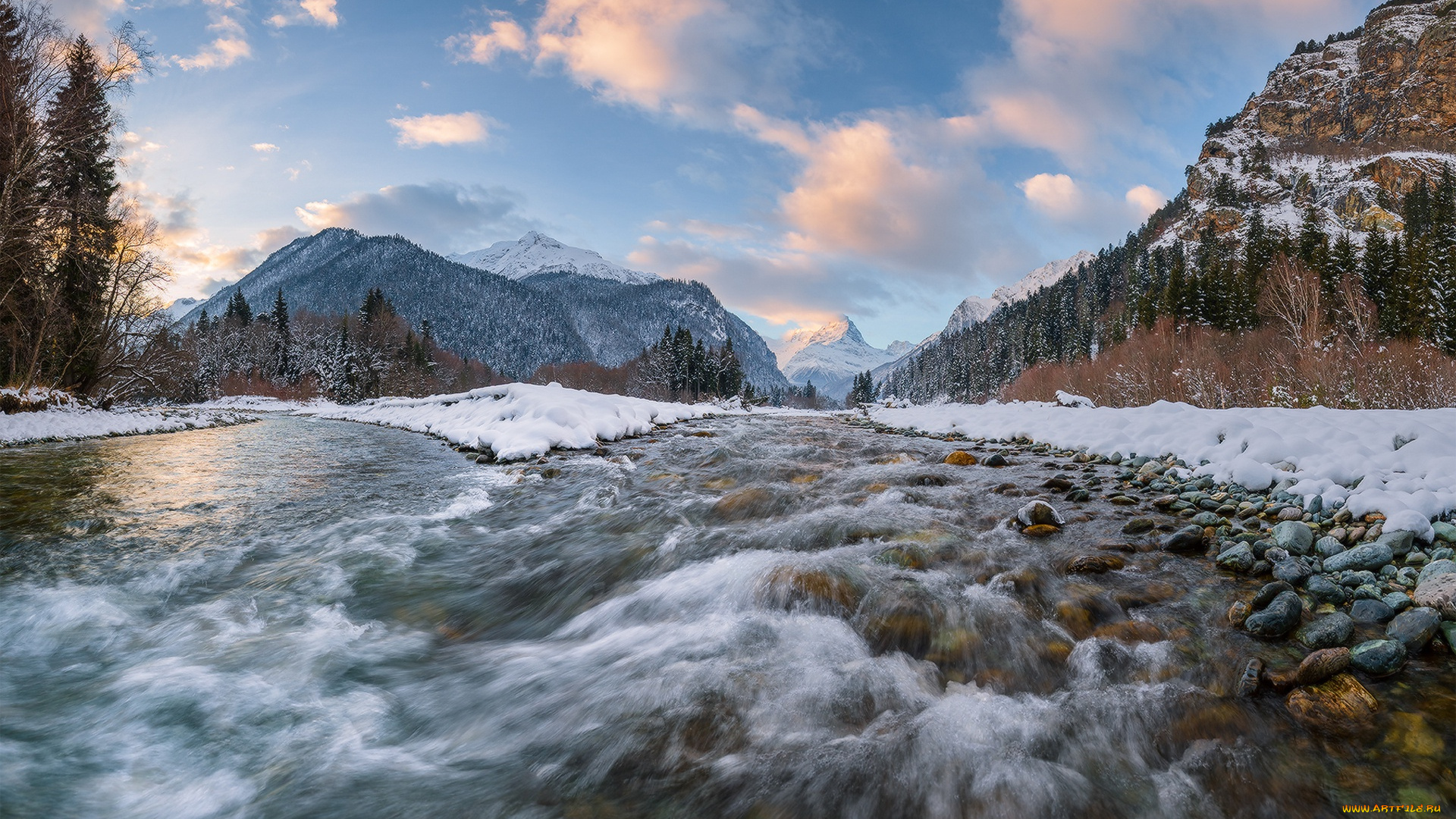природа, реки, озера, река, аманауз, теберда, северный, кавказ, домбай, слияние, россия, горы, лес, зима