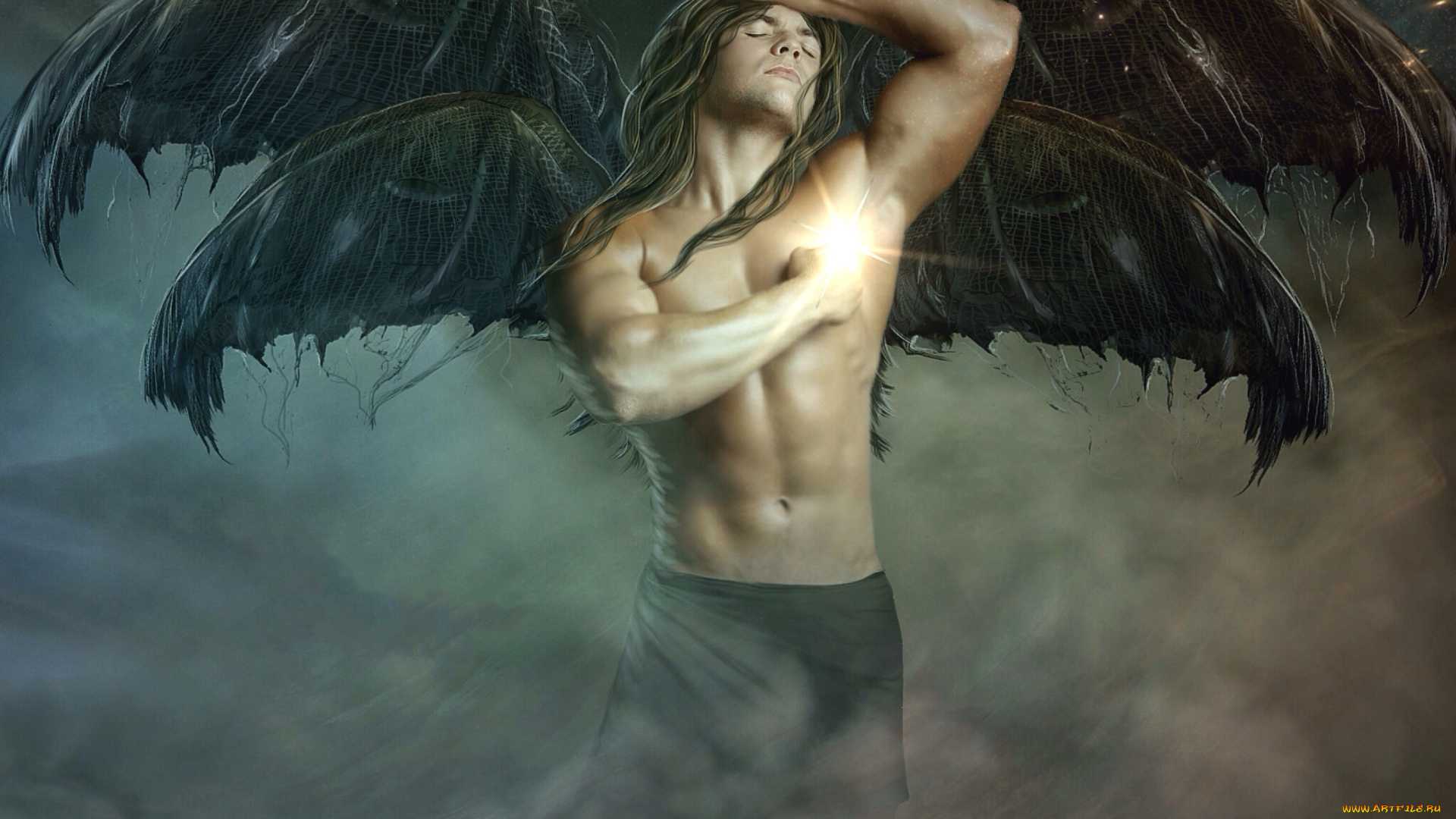 фэнтези, ангелы, мужчина, фон, крылья