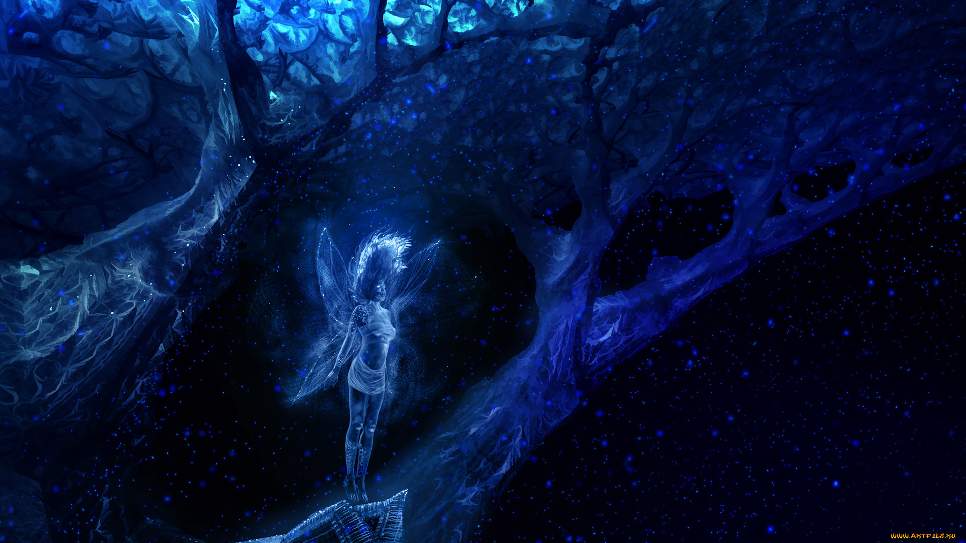 фэнтези, феи, девушка, крылья, дерево, фон