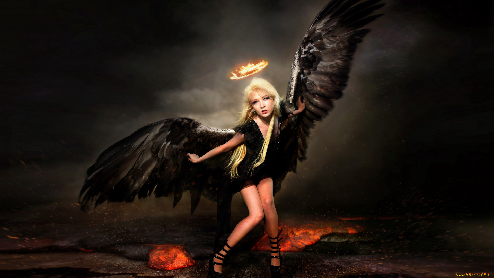 фэнтези, фотоарт, взгляд, нимб, крылья, фон, девушка