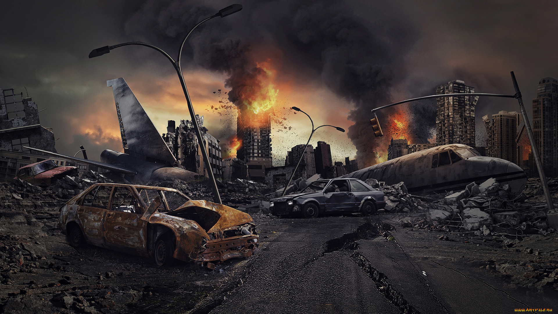 фэнтези, иные, миры, , иные, времена, пожар, город, самолет, автомобиль