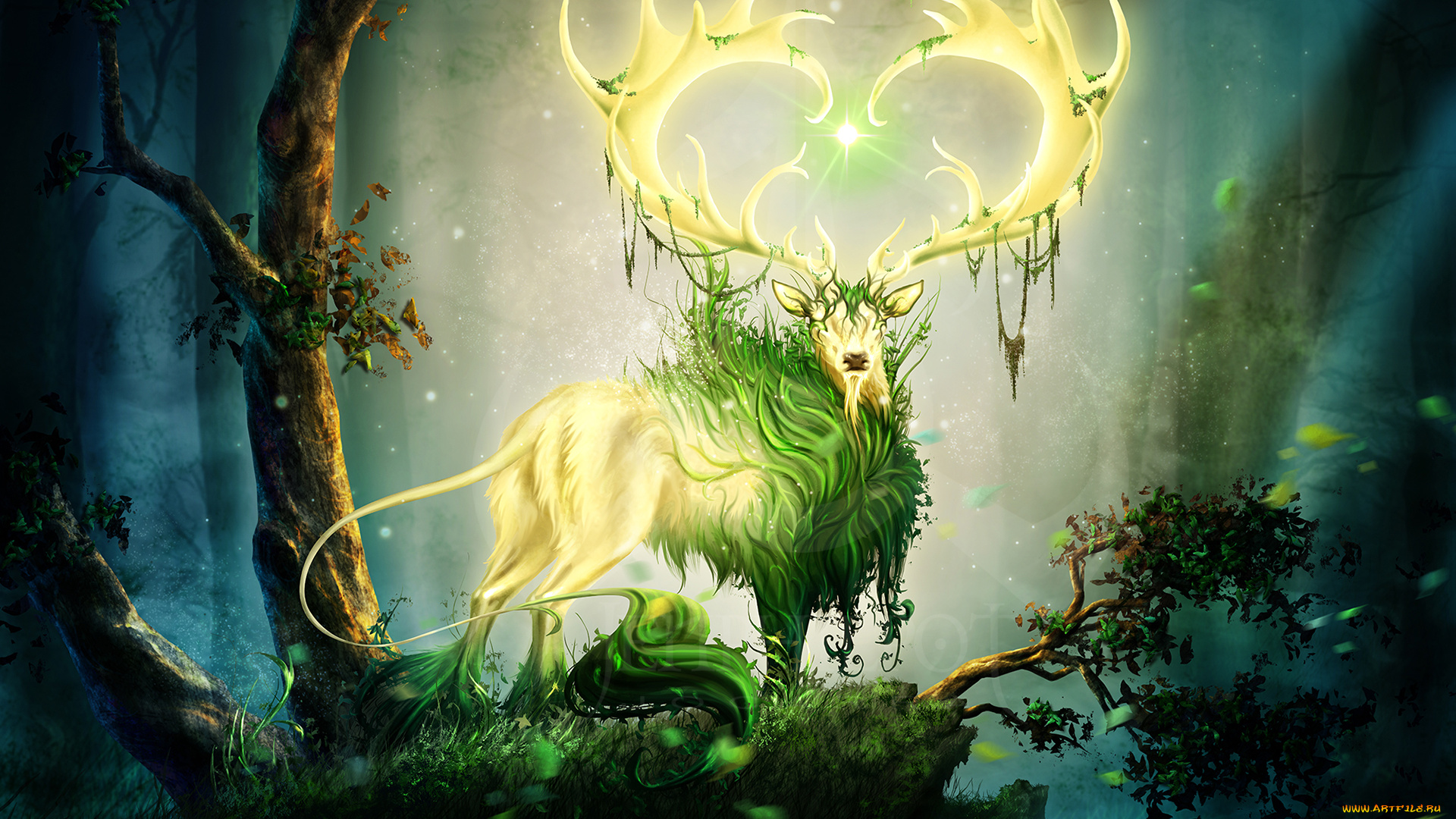 фэнтези, существа, фон, олень, рога, взгляд