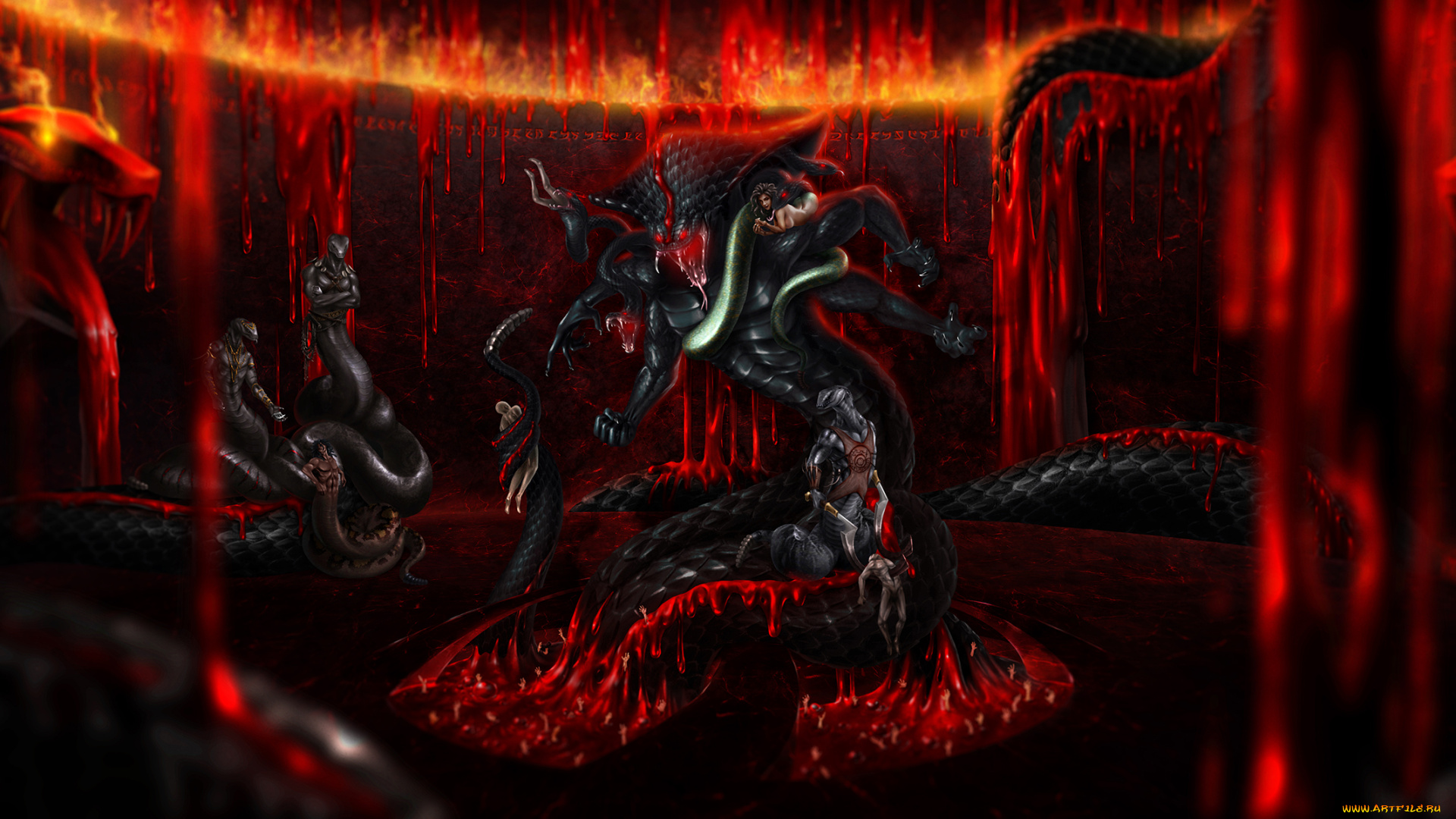 фэнтези, существа, кровь, люди, фон, змея